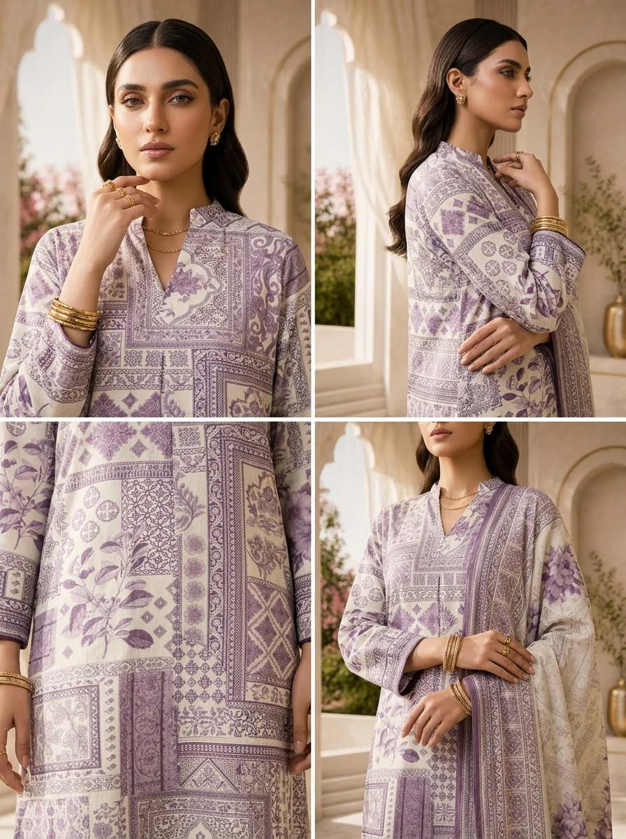 Lavender Printed Rayon Three Piece Set - Image 5