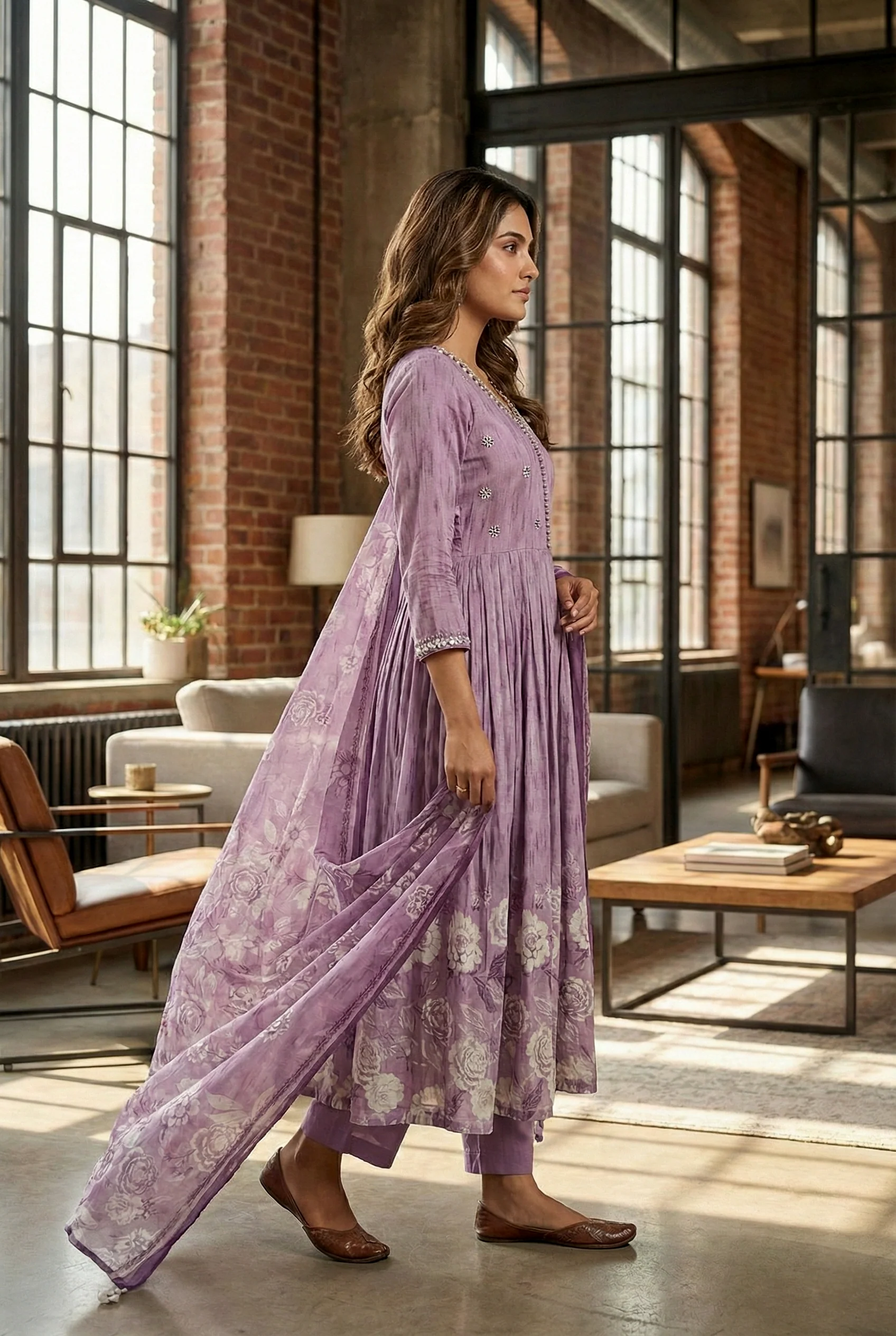Lavender Rayon Hand Embroidery Three Piece Set - Image 3