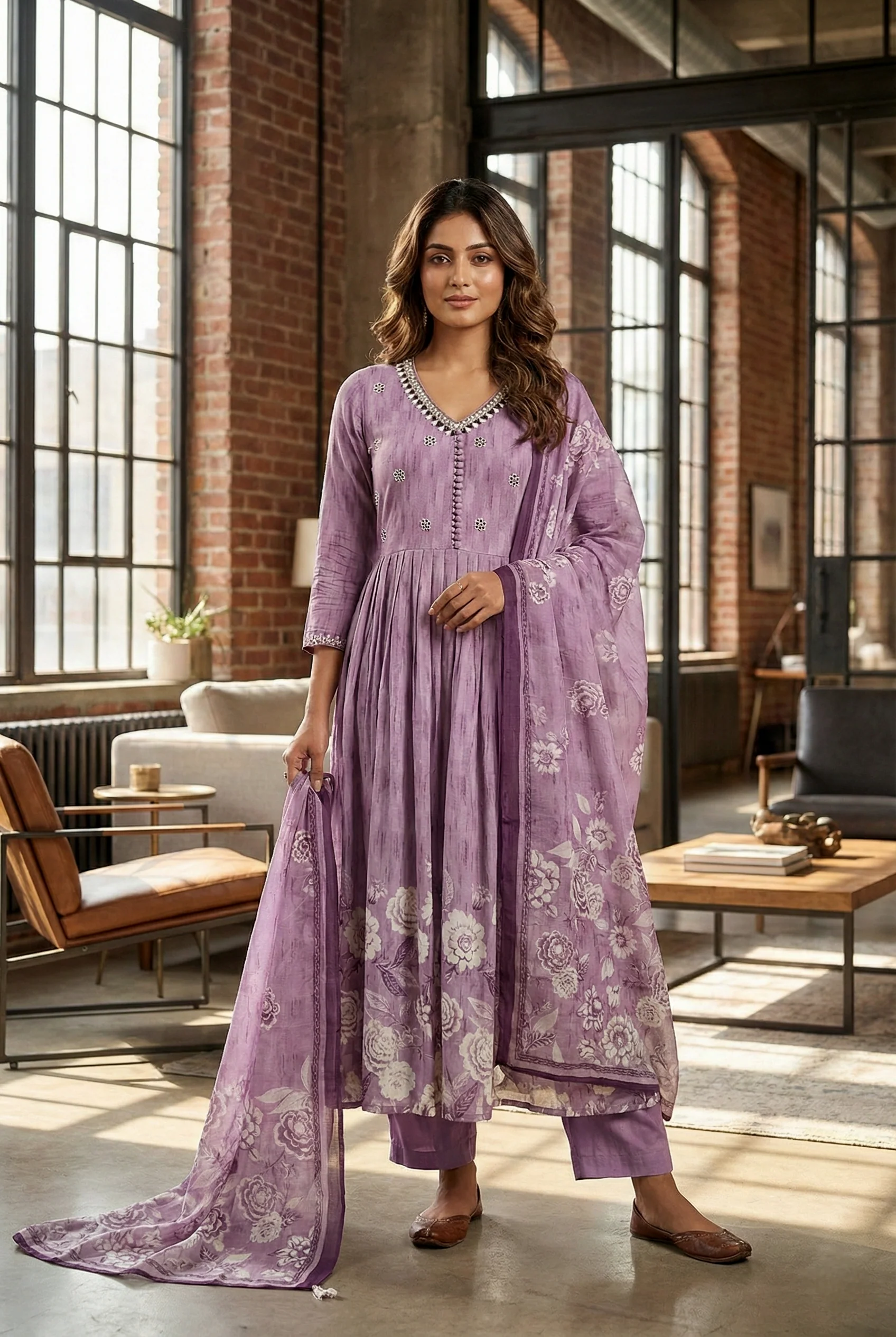 Lavender Rayon Hand Embroidery Three Piece Set - Image 4