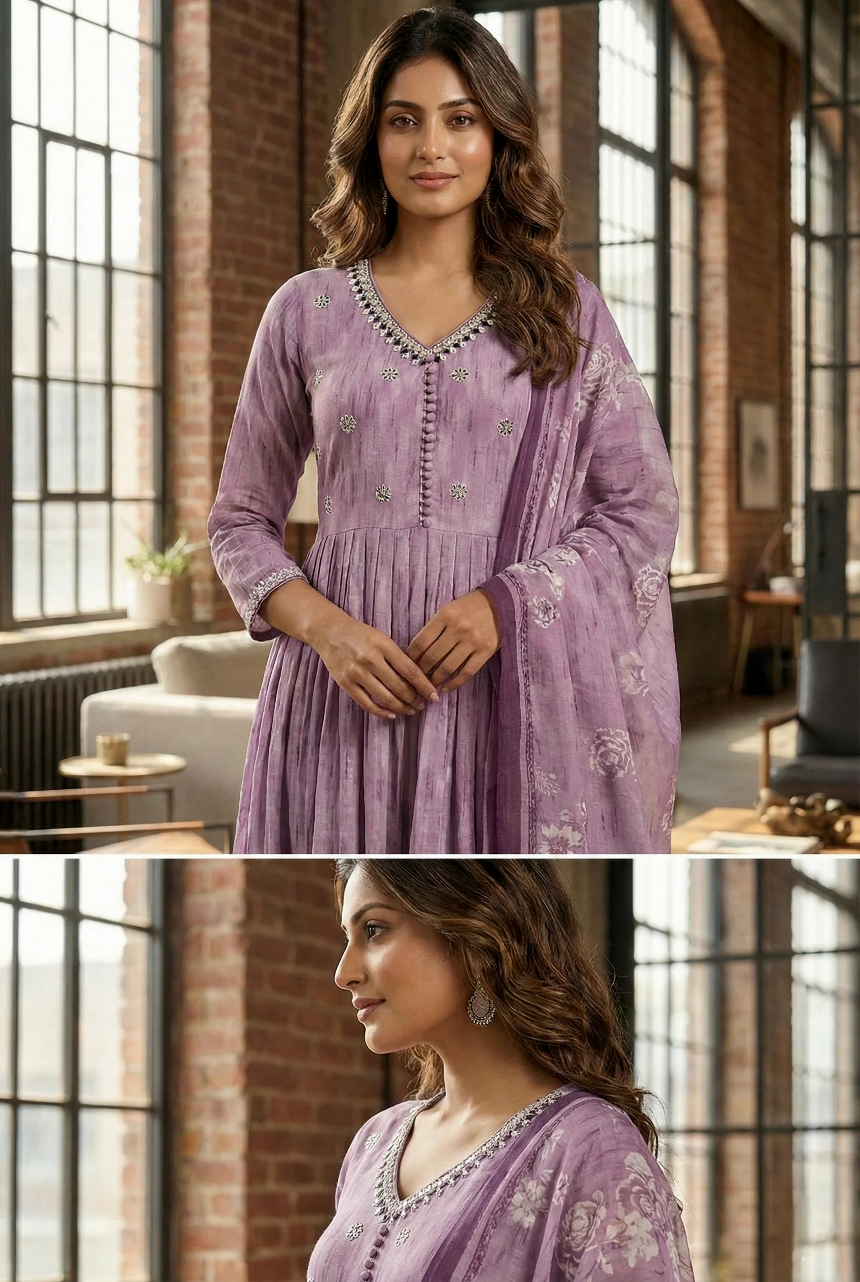 Lavender Rayon Hand Embroidery Three Piece Set - Image 5