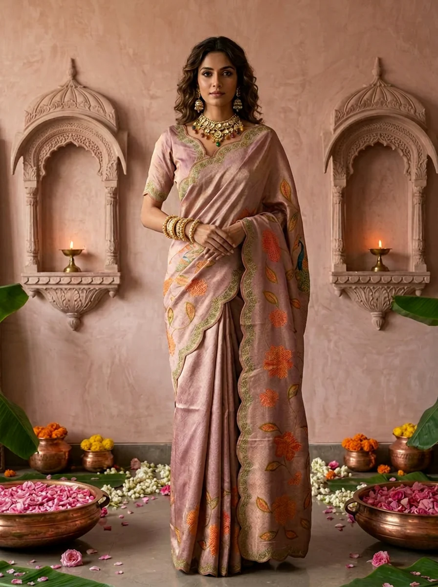 Lavender Silk Floral Printed Saree - Image 2