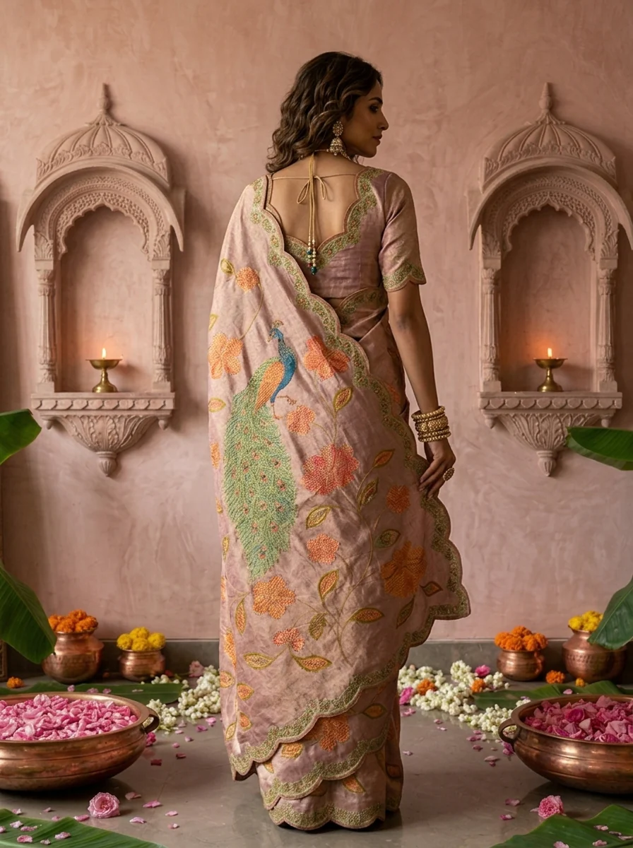Lavender Silk Floral Printed Saree - Image 3