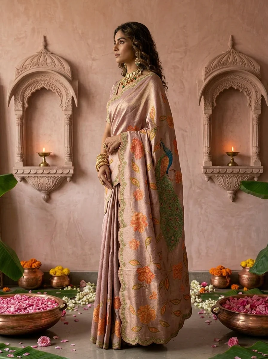 Lavender Silk Floral Printed Saree - Image 4