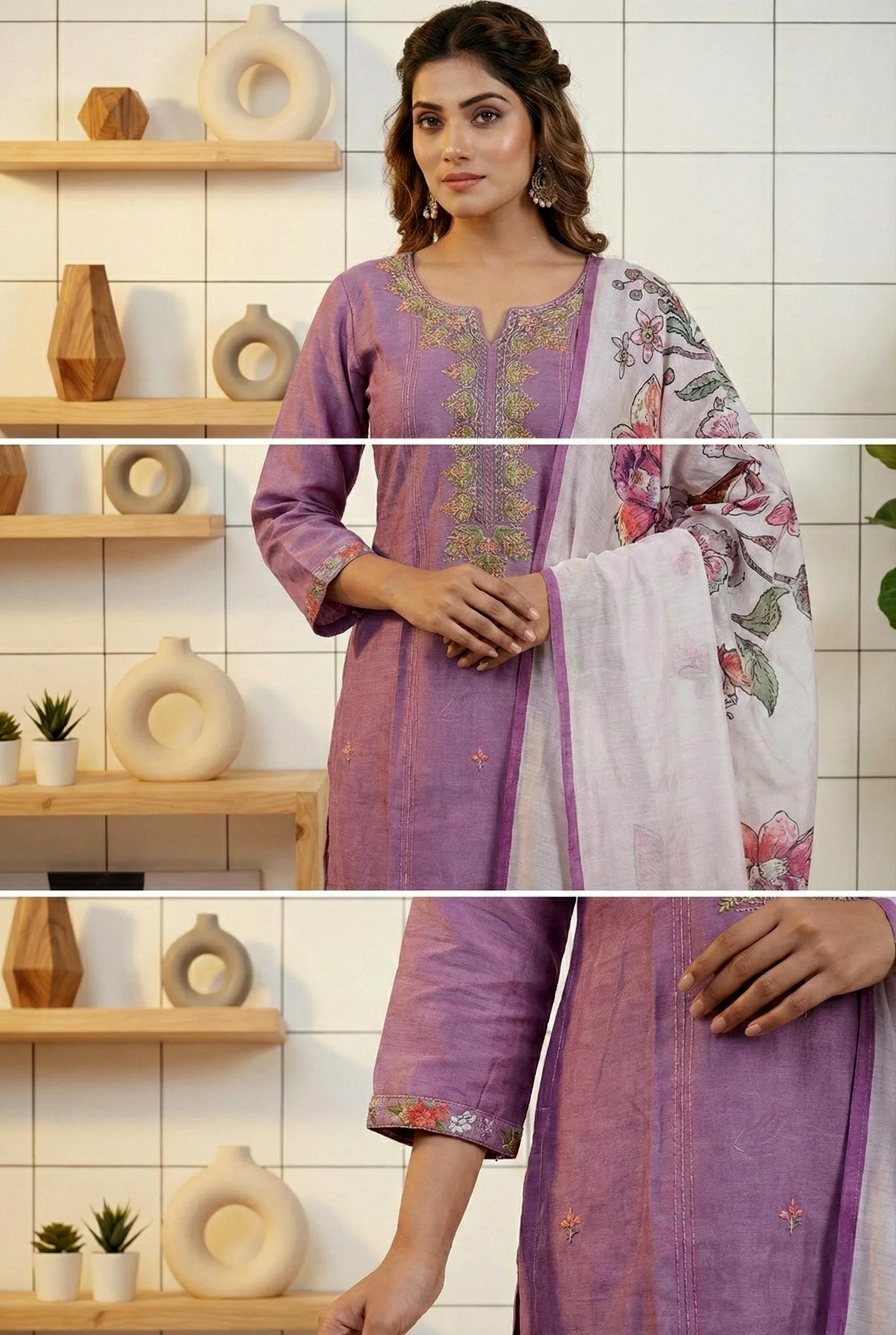 Lavender Silk Hand Embroidery Three Piece Set - Image 3