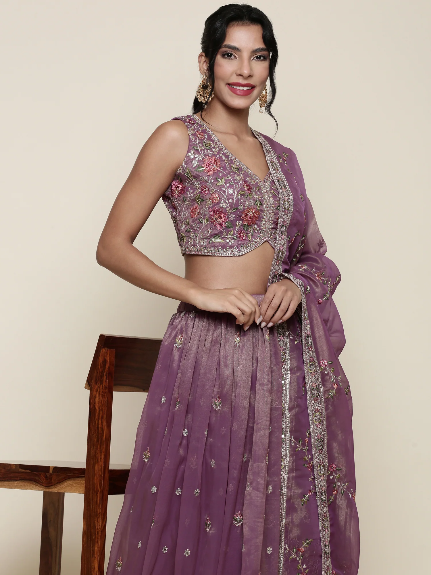 Lavender tissue embroidered Three piece ghagra set - Image 2