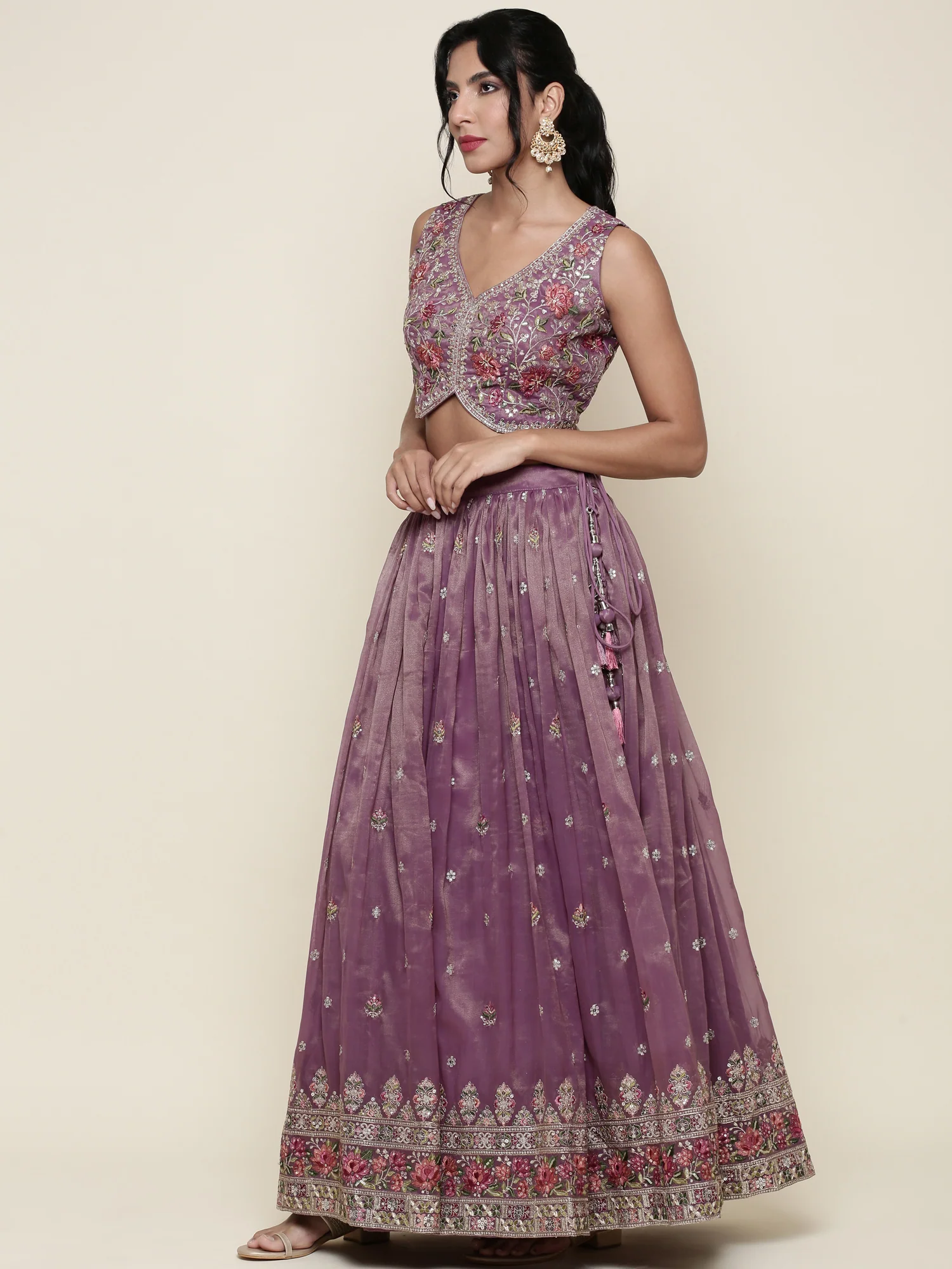 Lavender tissue embroidered Three piece ghagra set - Image 3