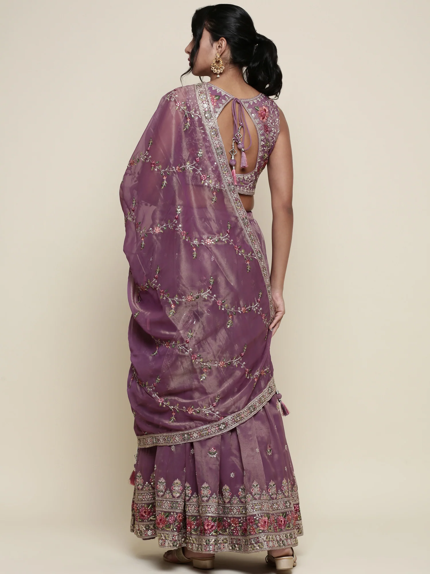 Lavender tissue embroidered Three piece ghagra set - Image 4