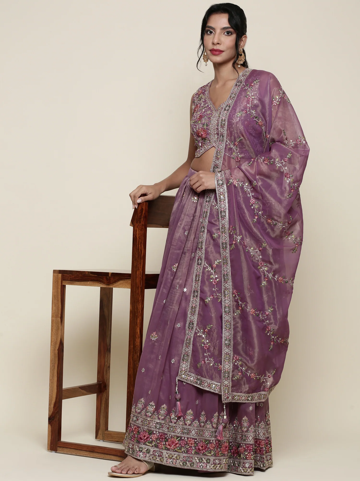 Lavender tissue embroidered Three piece ghagra set - Image 6