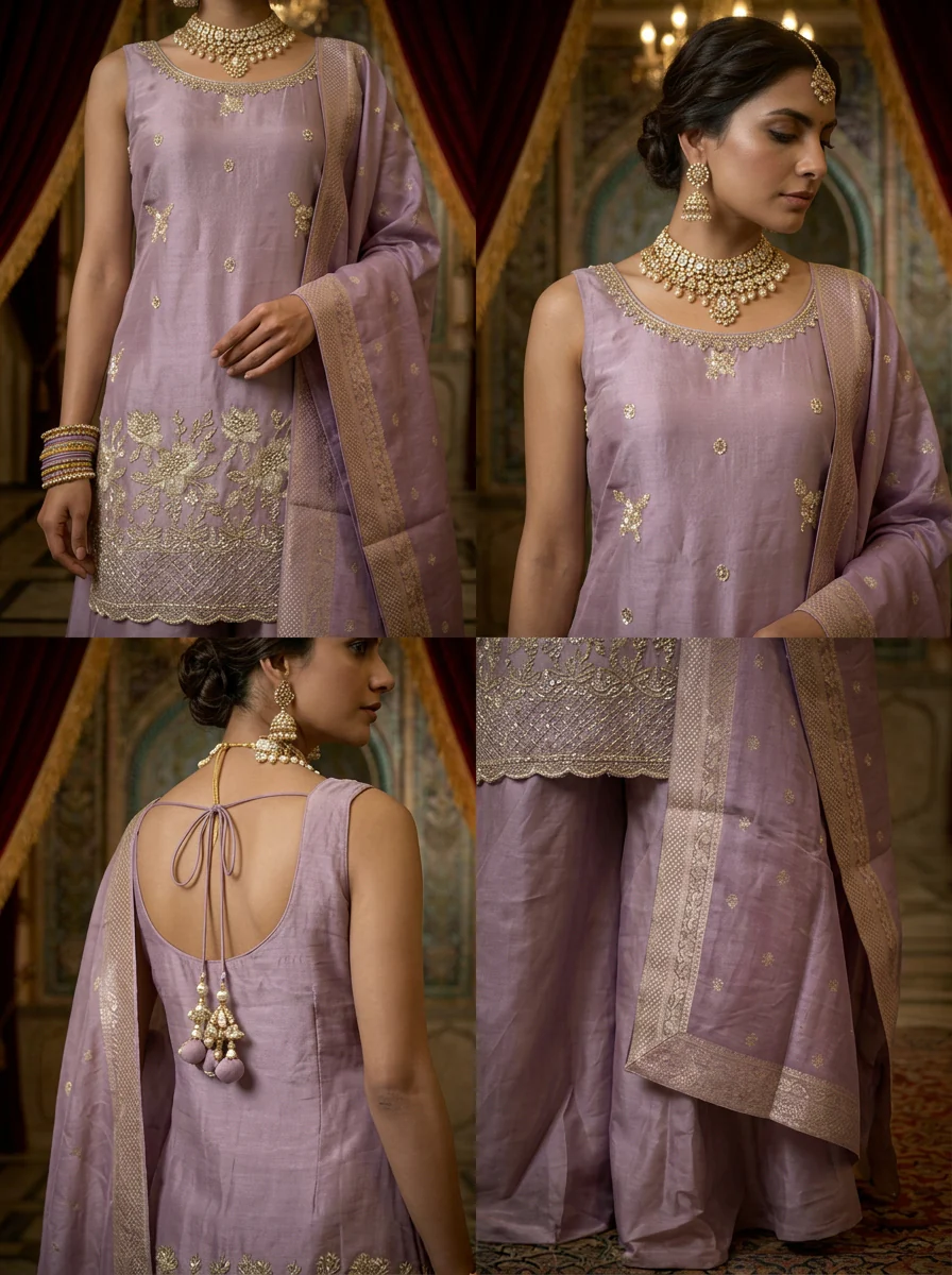 Lavender Tissue Floral Aari Embroidered Palazzo Set With Dupatta - Image 2