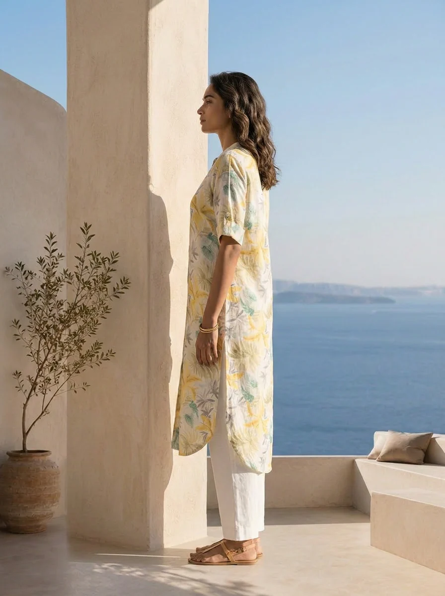 Lemon And White Linen Fabric Printed Kurta - Image 3