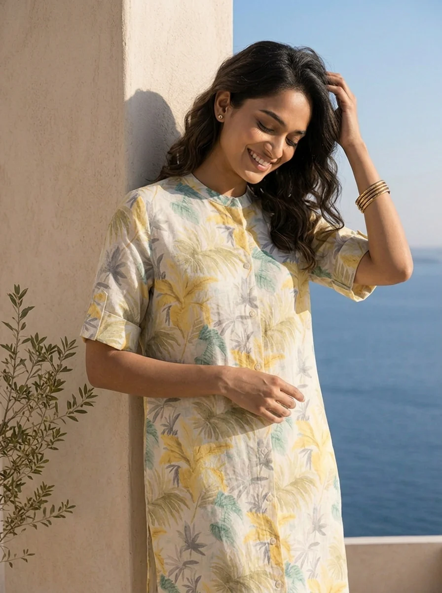 Lemon And White Linen Fabric Printed Kurta - Image 4