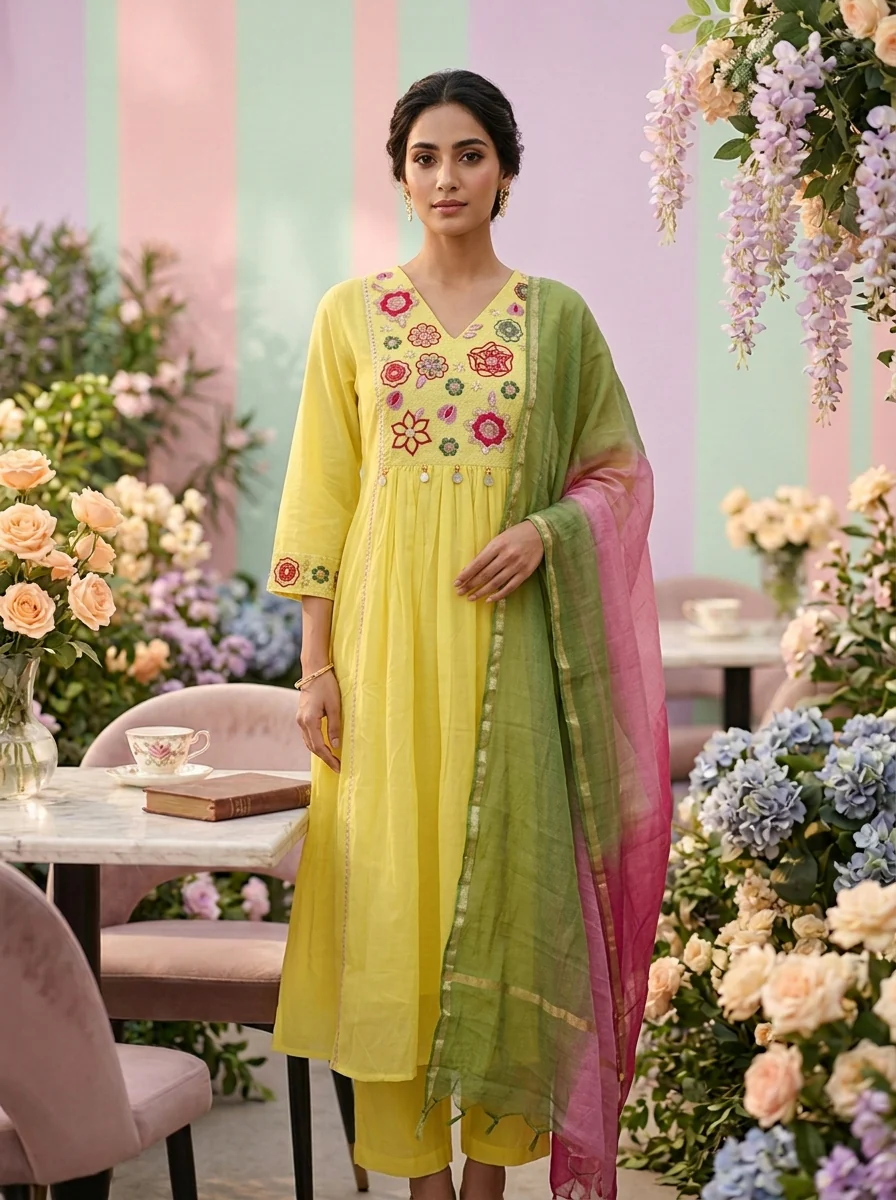 Lemon Chanderi Floral Embroidery Three Piece Set