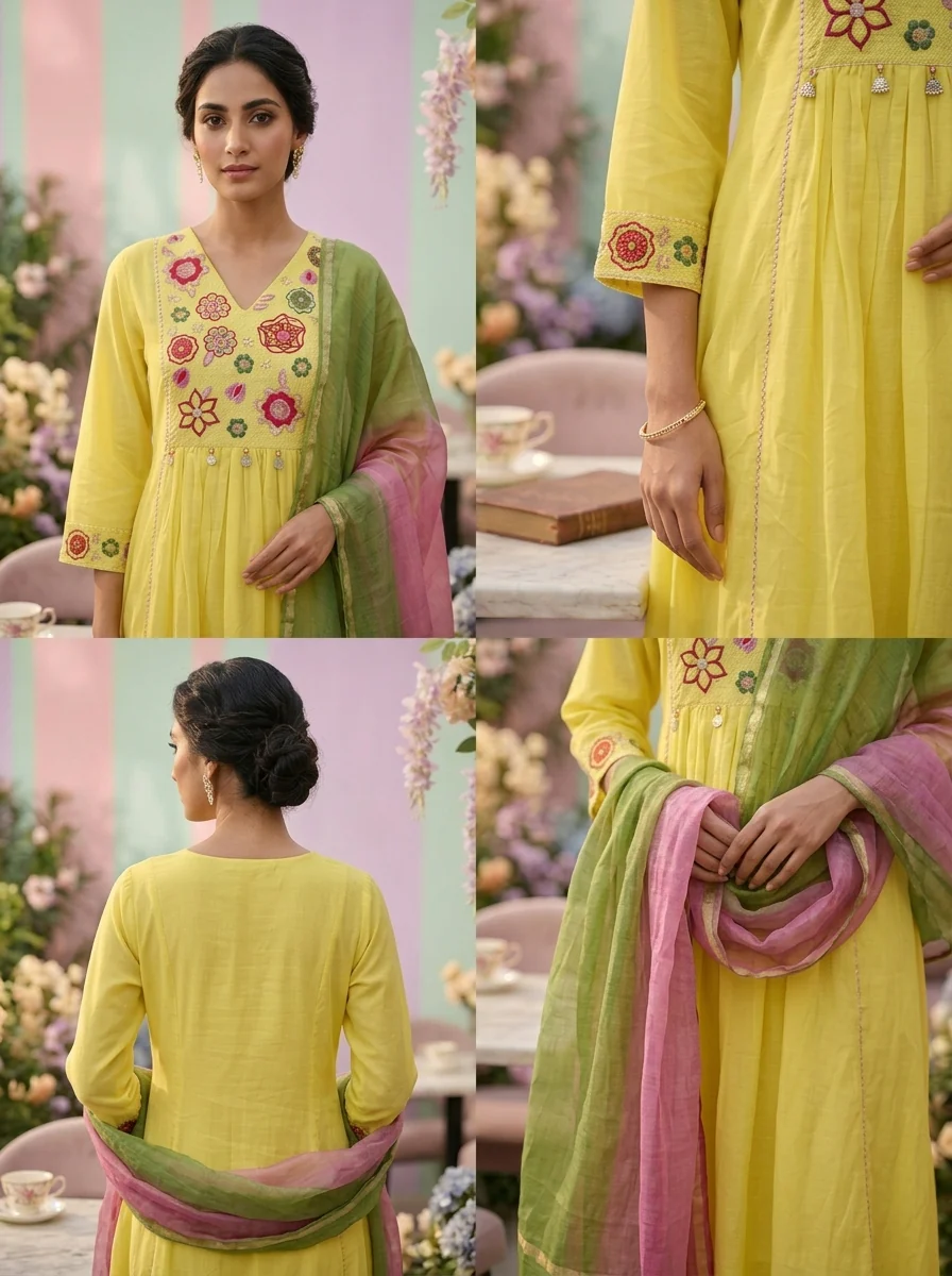 Lemon Chanderi Floral Embroidery Three Piece Set - Image 3