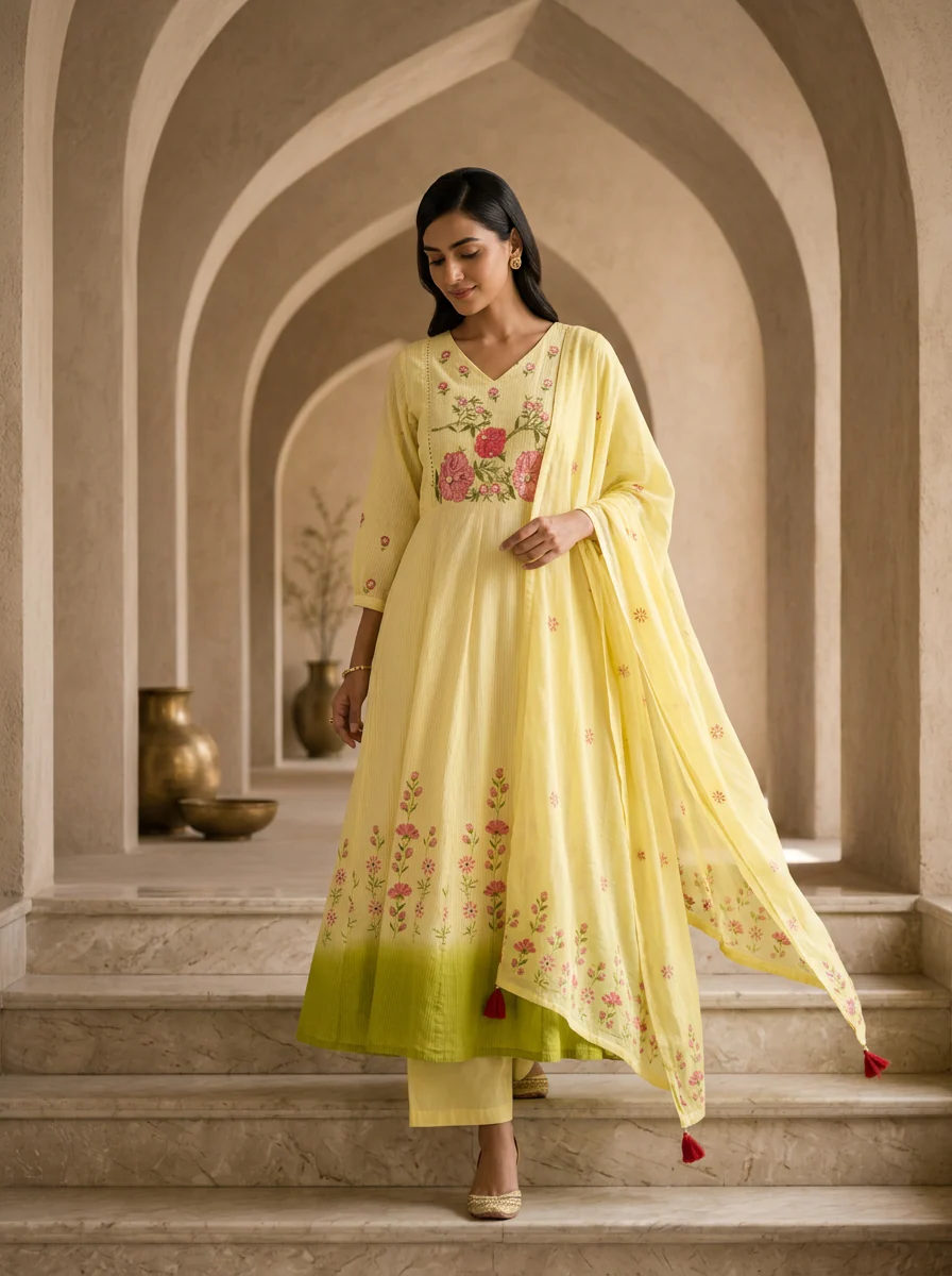 Lemon Cotton Floral Hand Thread Embroidery Three Piece Set - Image 2