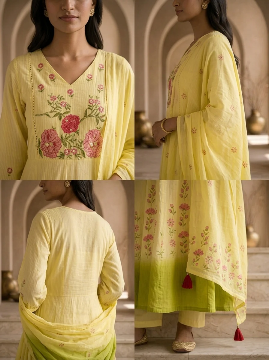 Lemon Cotton Floral Hand Thread Embroidery Three Piece Set - Image 5
