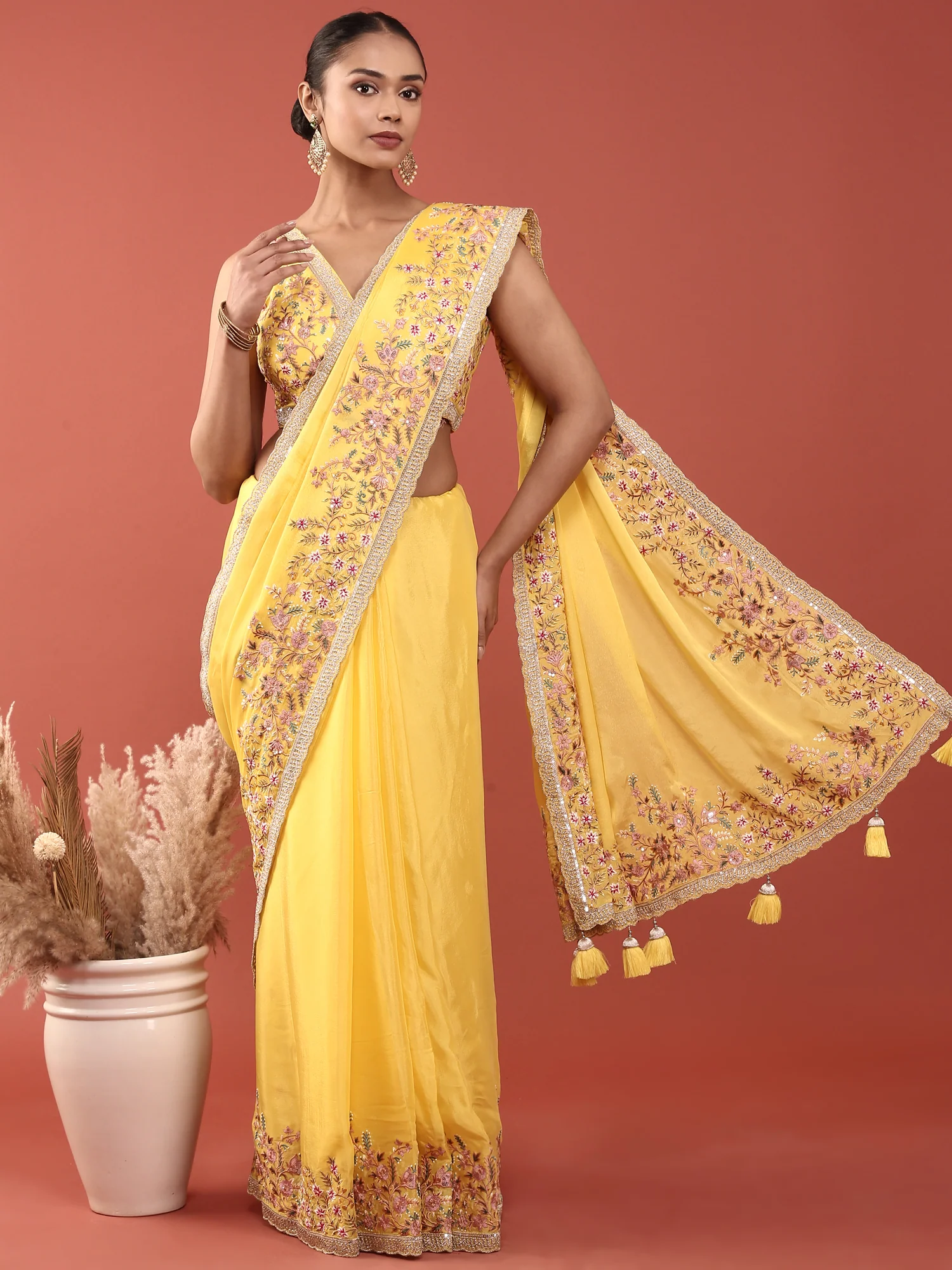 Lemon Crepe Embroidery Saree With Readymade Blouse - Image 4
