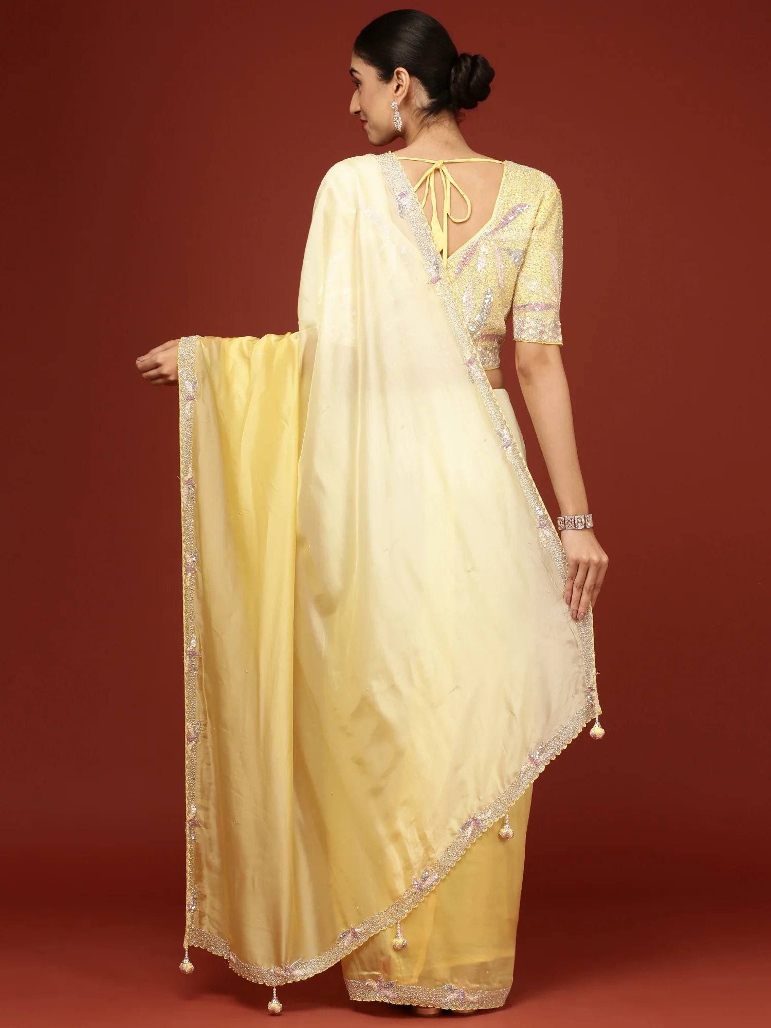 Lemon Crepe Sequins Saree With Readymade Blouse - Image 3