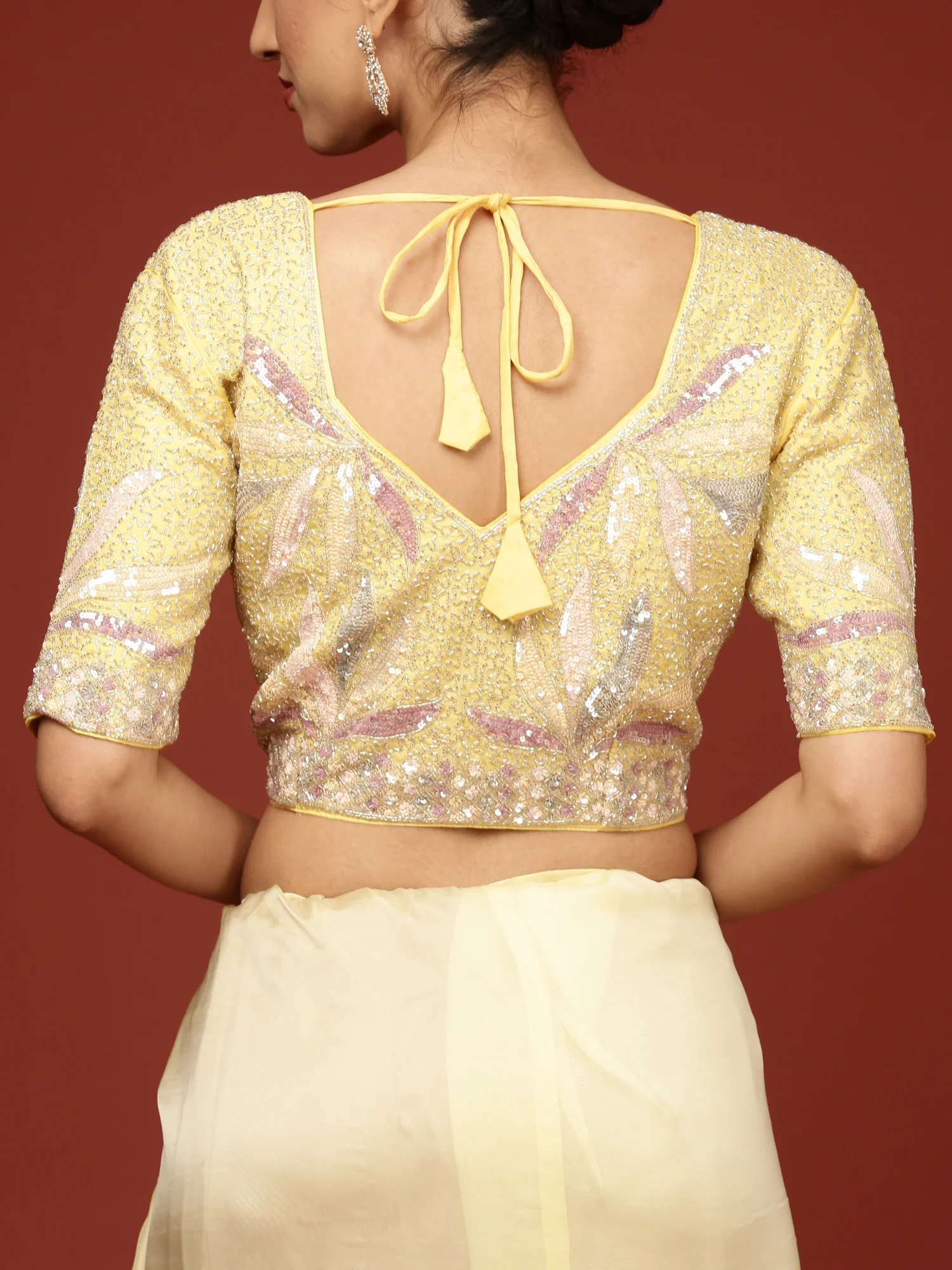 Lemon Crepe Sequins Saree With Readymade Blouse - Image 9