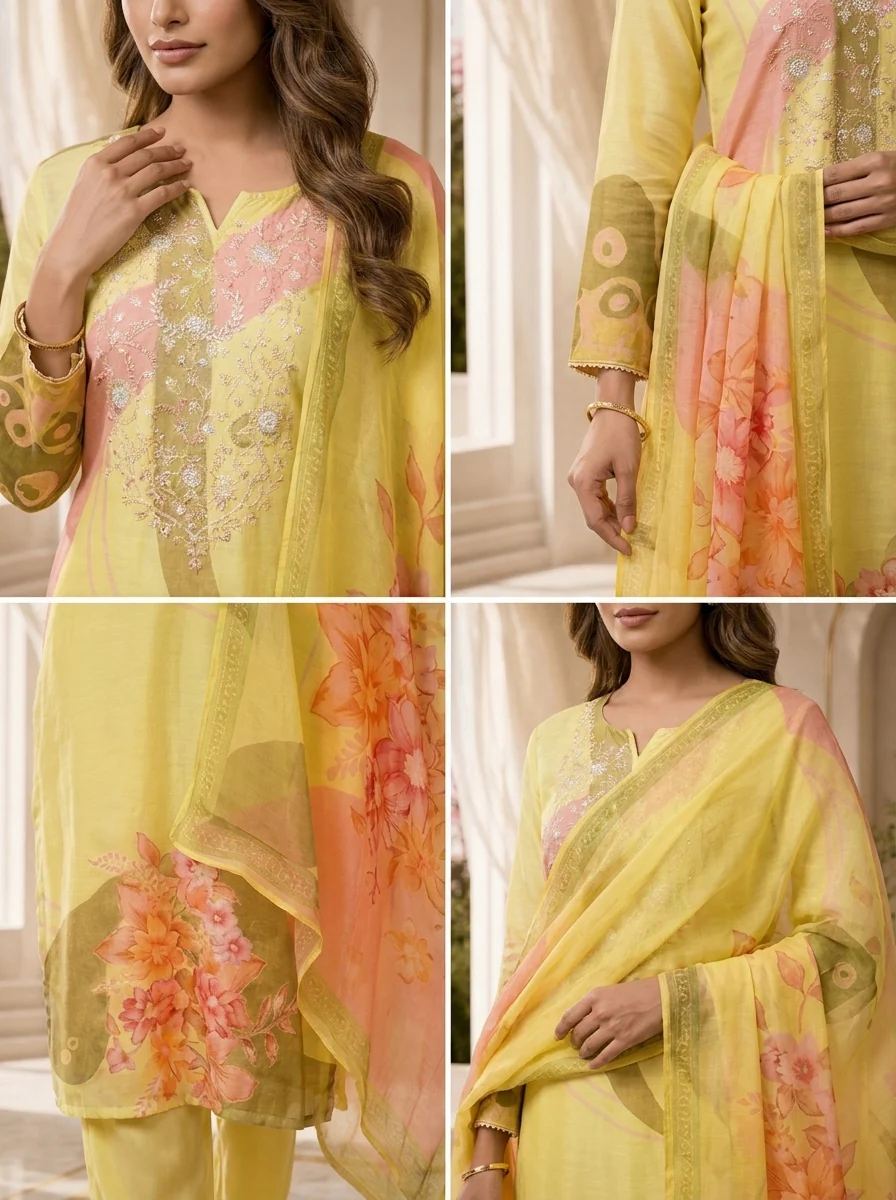 Lemon Floral Beads Embroidery And Printed Linen Satin Three Piece Set - Image 5