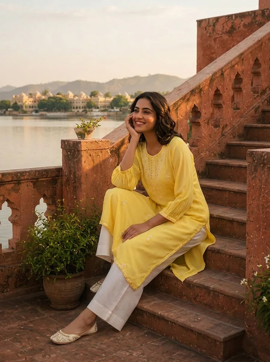 Lemon Rayon Scattered Buti Embroidery Kurta - Image 2