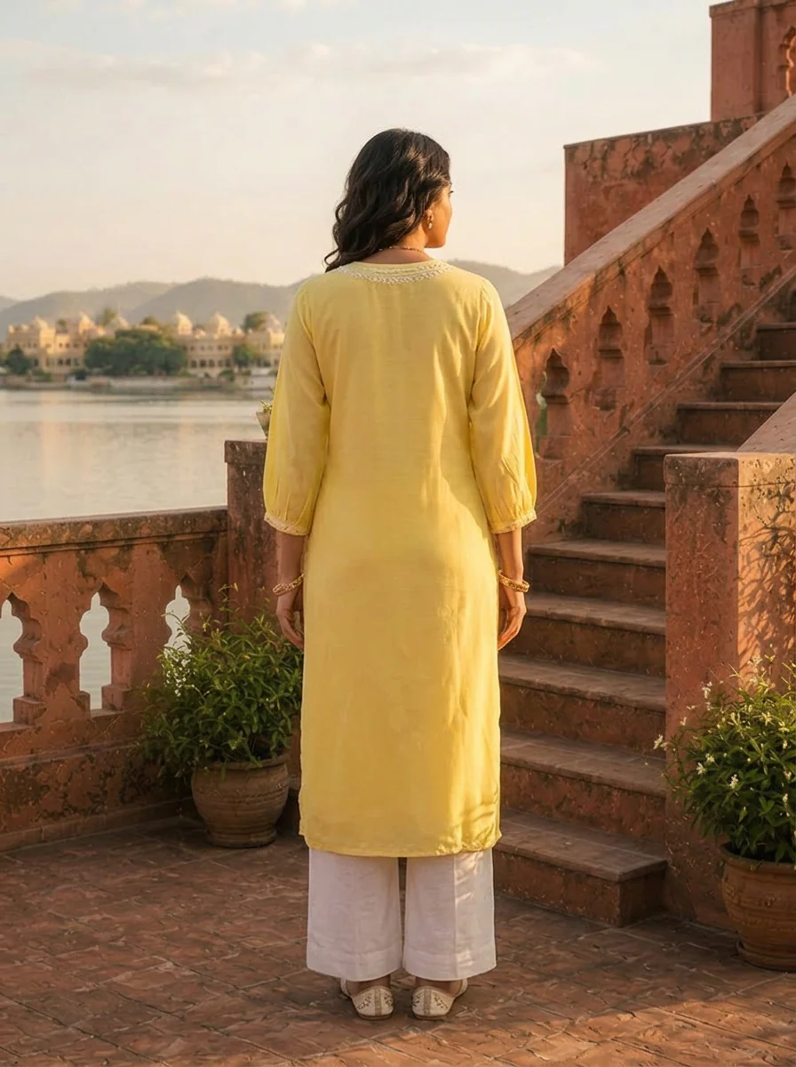 Lemon Rayon Scattered Buti Embroidery Kurta - Image 3