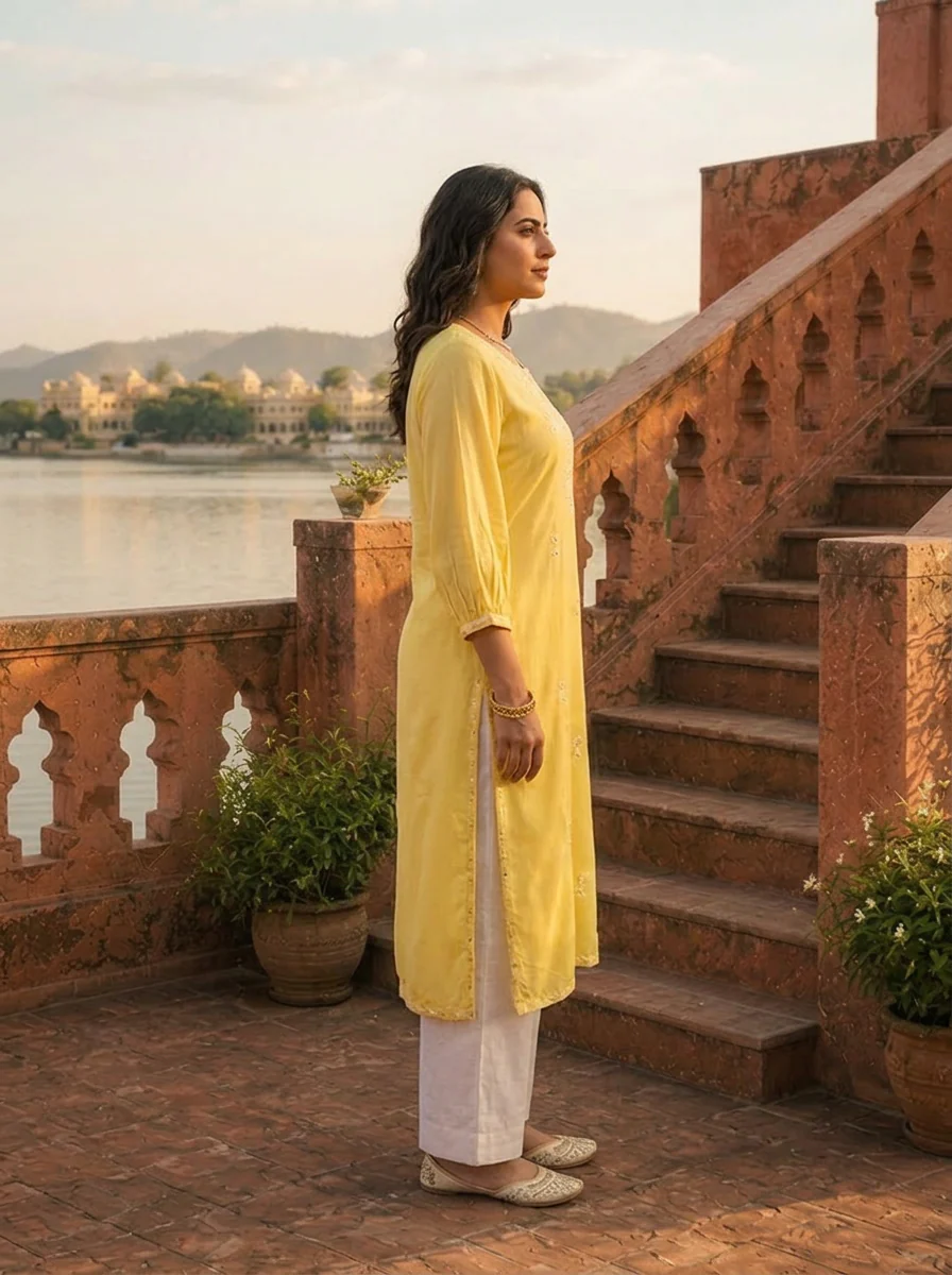 Lemon Rayon Scattered Buti Embroidery Kurta - Image 4