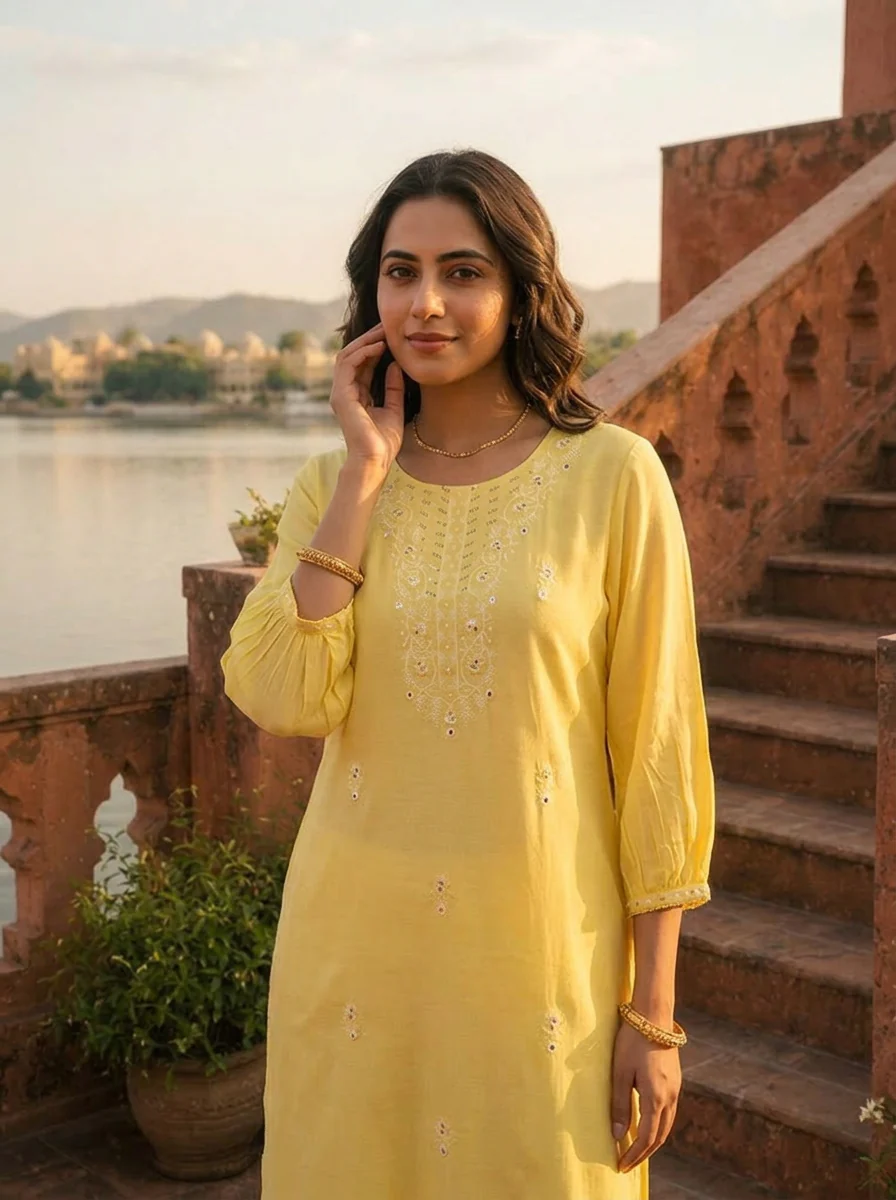 Lemon Rayon Scattered Buti Embroidery Kurta - Image 5