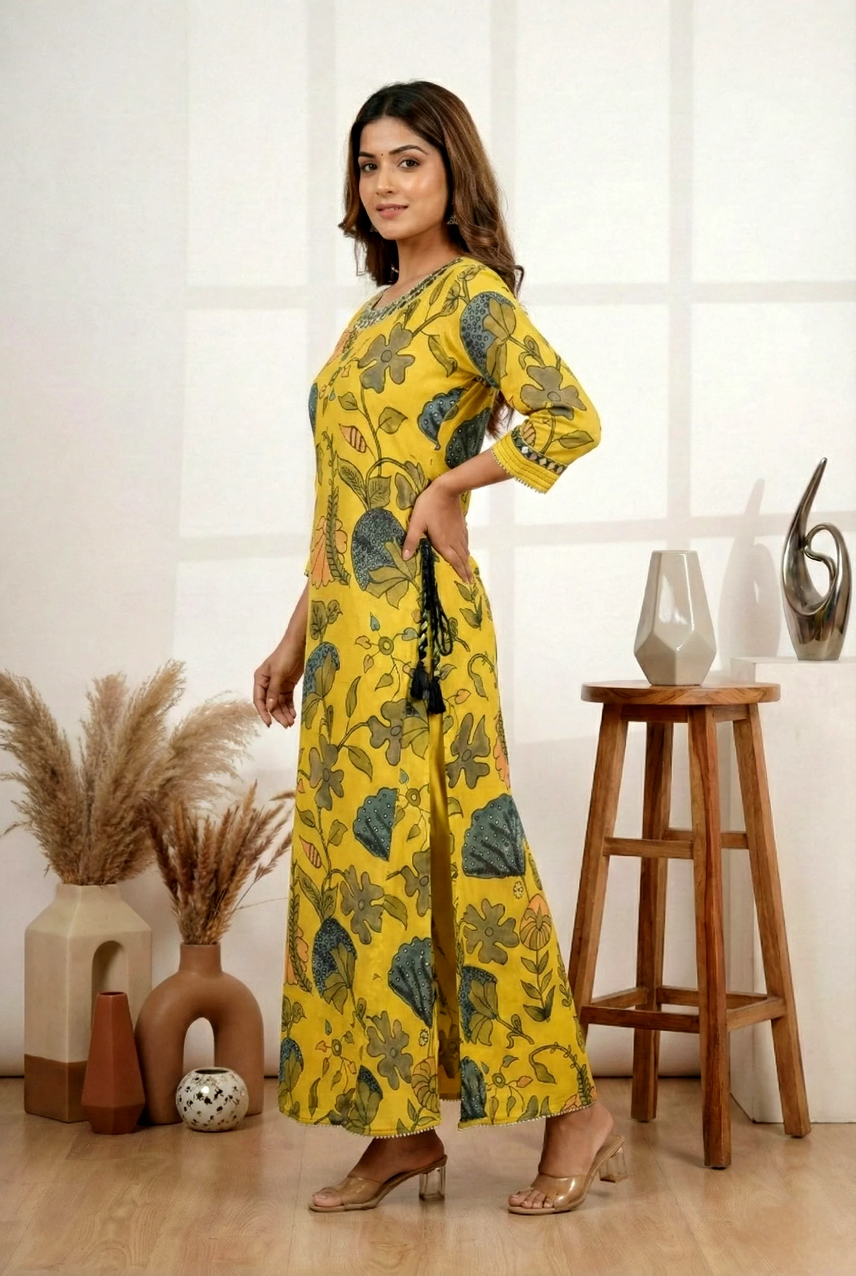 Lemon Satin Floral Digital Printed And Mirror Embroidered Dress - Image 2