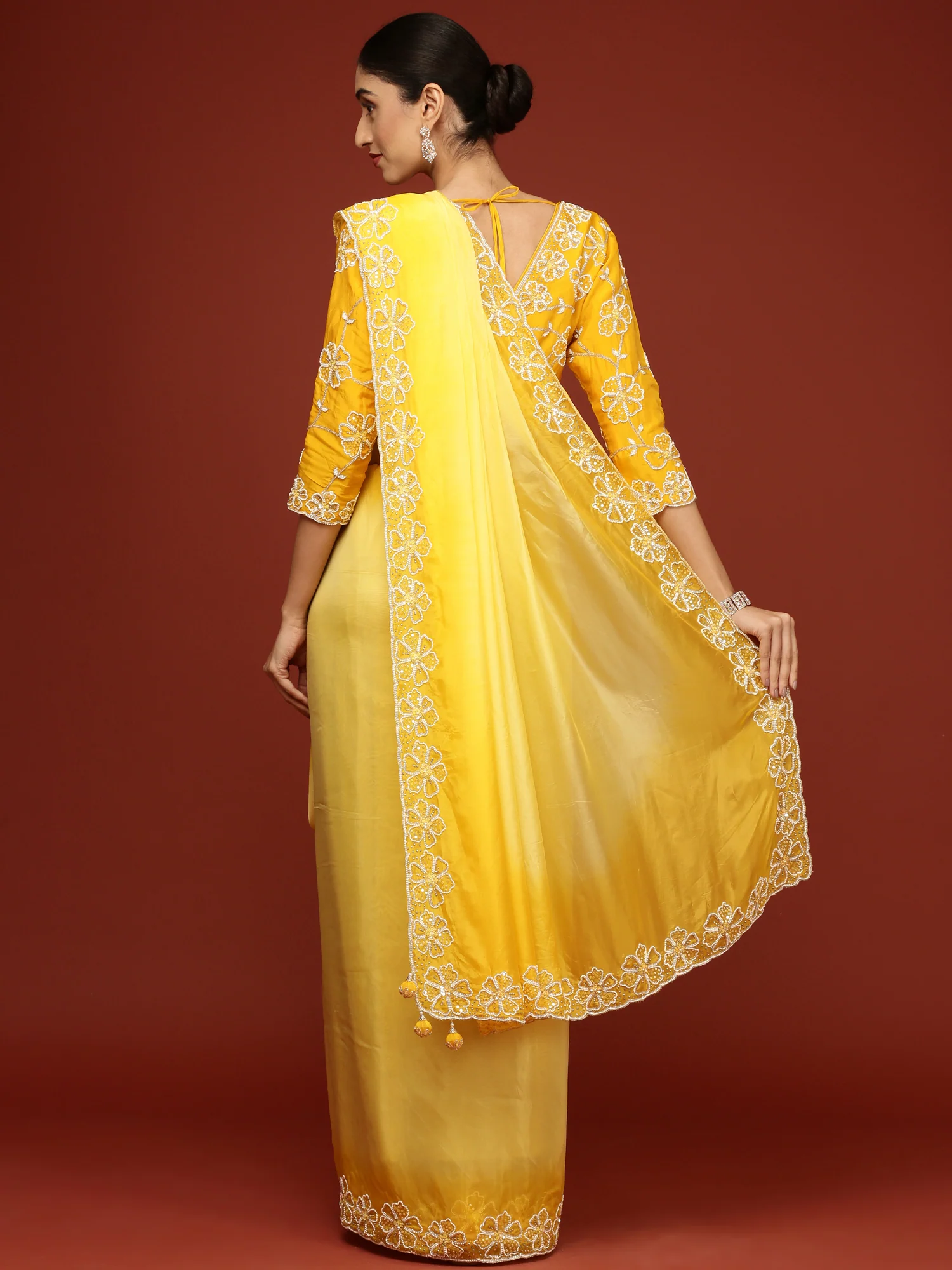 Lemon Silk Saree With Stone Work Readymade Blouse - Image 3
