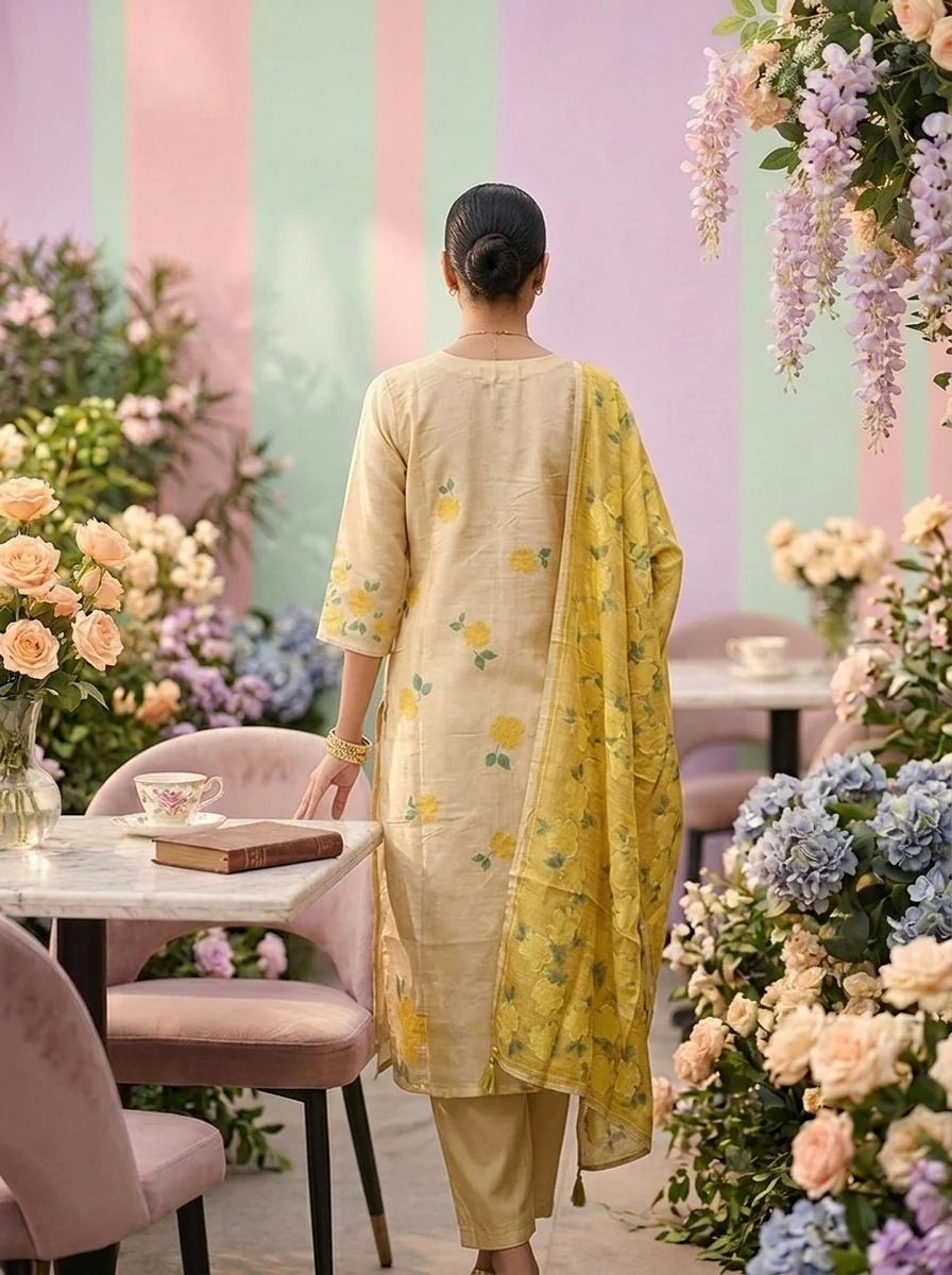Lemon Tissue Floral Digital Printed Three Piece Set - Image 2