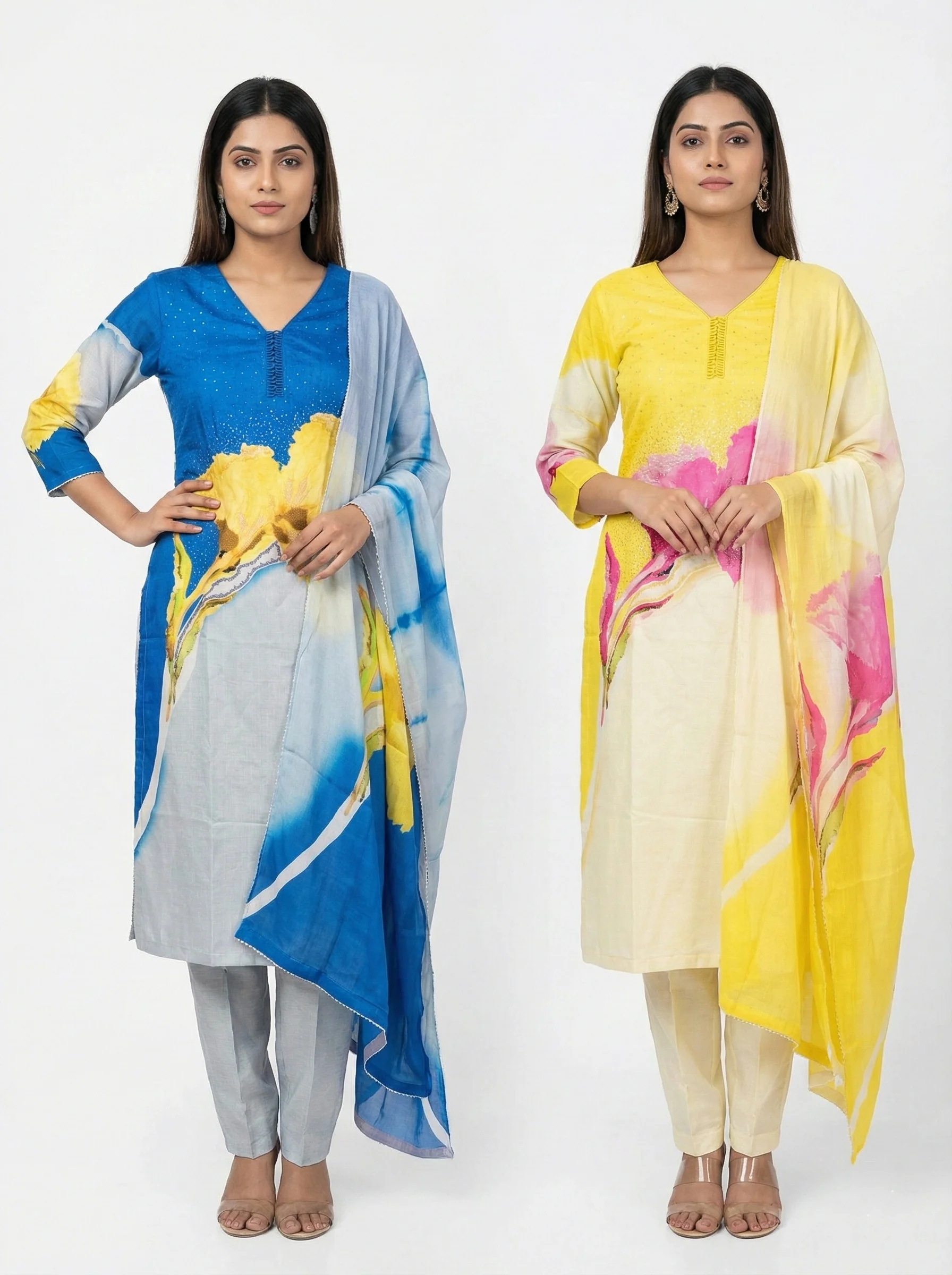 Lemon Viscose Printed Three Piece Set - Image 2