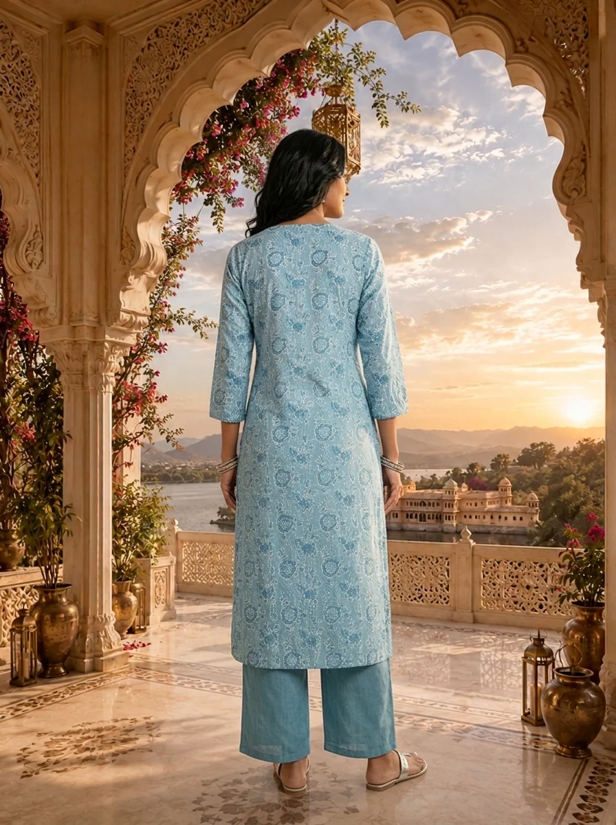 Light Blue Linen Block Printed Two Piece Set - Image 2