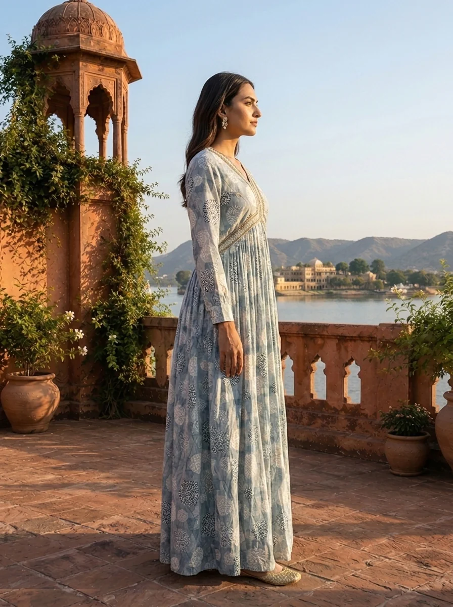 Light Blue Rayon Overlaid Geometric Grid Printed Dress - Image 3