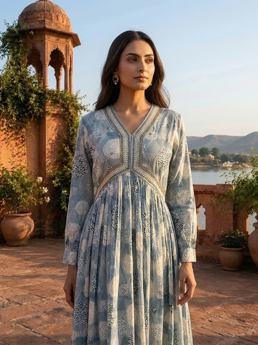 Light Blue Rayon Overlaid Geometric Grid Printed Dress - Image 4