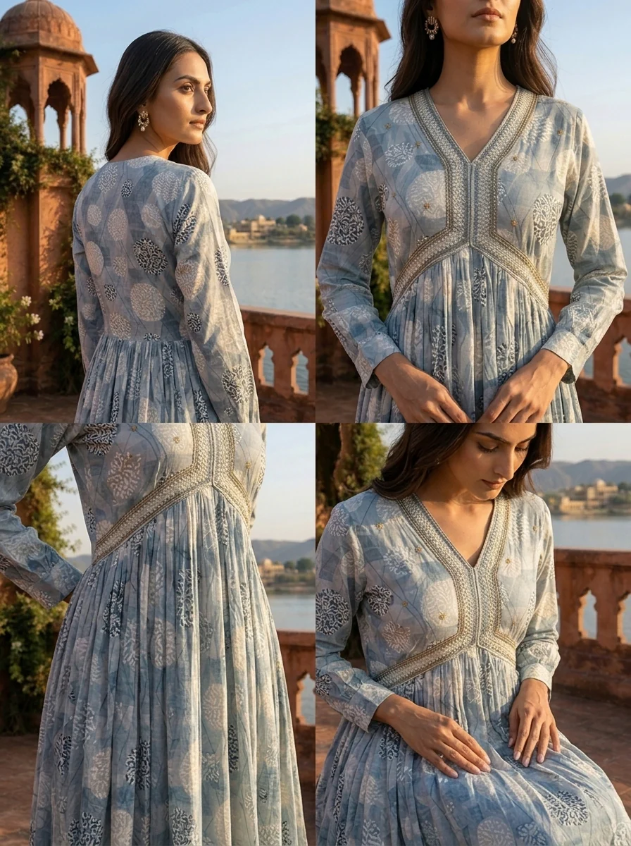 Light Blue Rayon Overlaid Geometric Grid Printed Dress - Image 5
