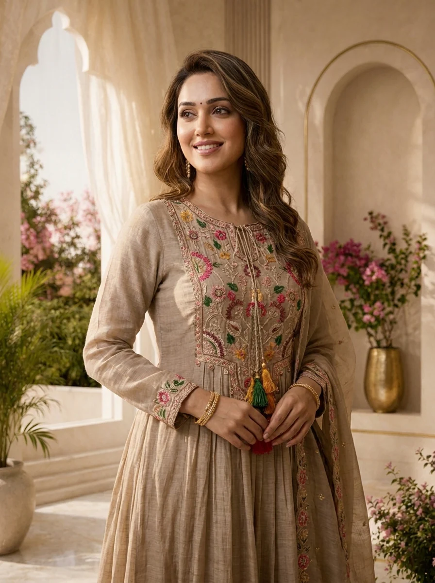 Light Grey Chanderi Hand Thread Embroidery Three Piece Set - Image 4