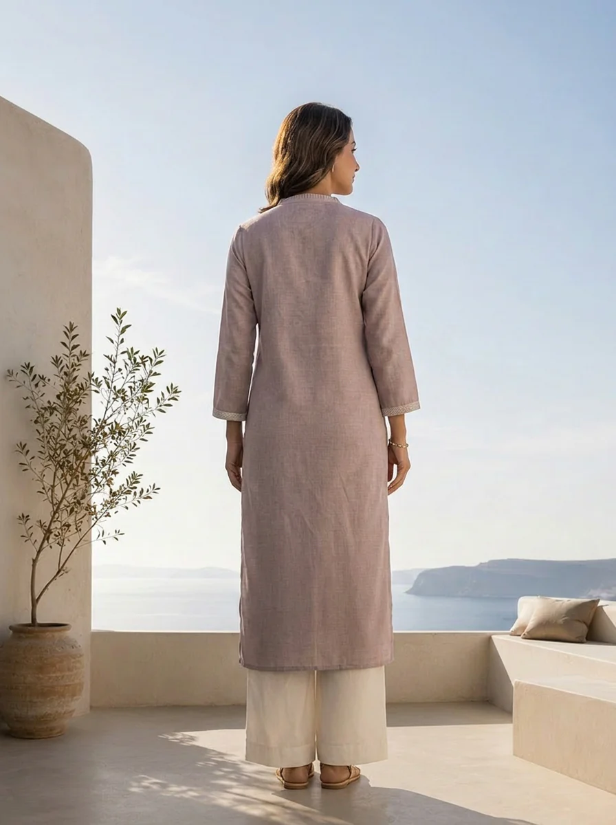 Light Grey Linen Solid Design And Patch Embroidered Kurta - Image 2