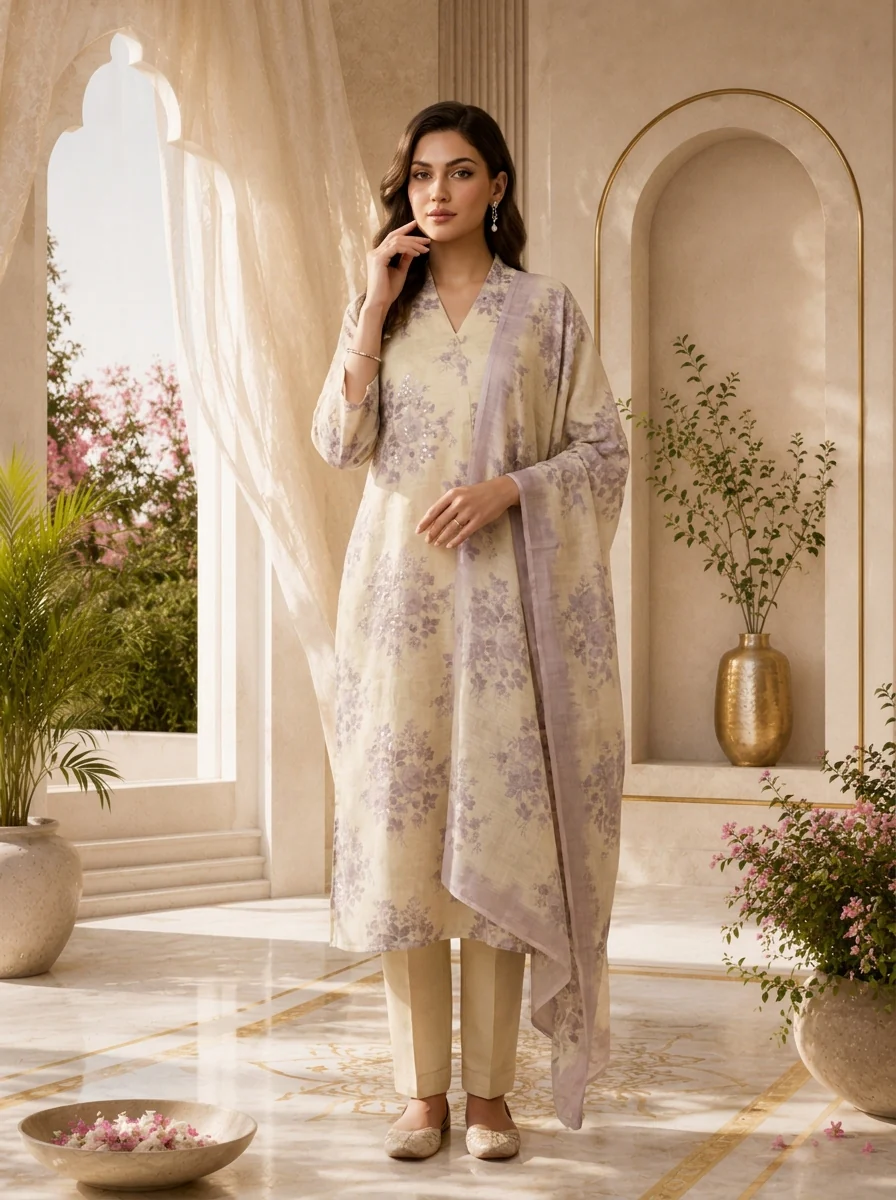 Lilac And Cream Floral Printed Linen Three Piece Set - Image 2