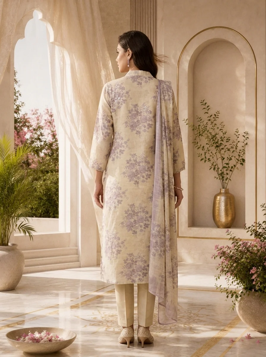 Lilac And Cream Floral Printed Linen Three Piece Set - Image 3
