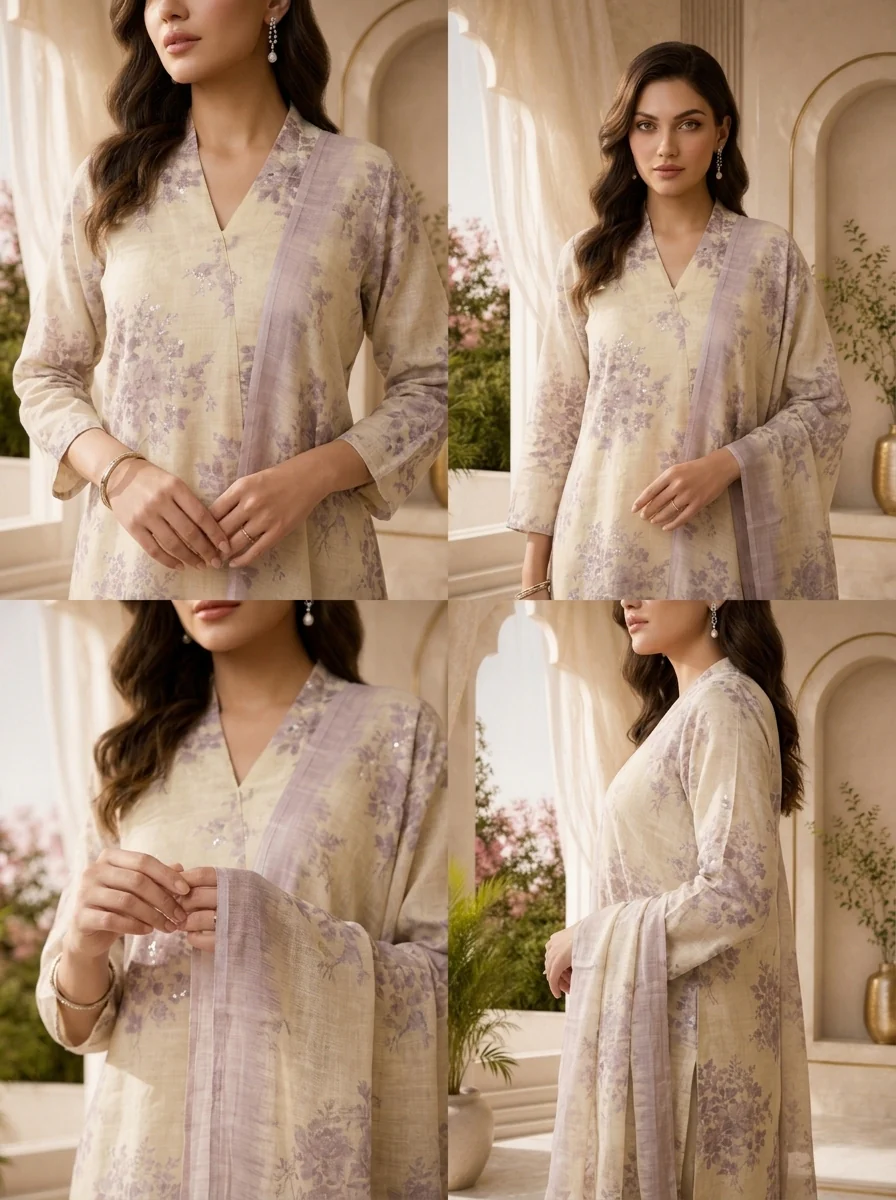 Lilac And Cream Floral Printed Linen Three Piece Set - Image 5
