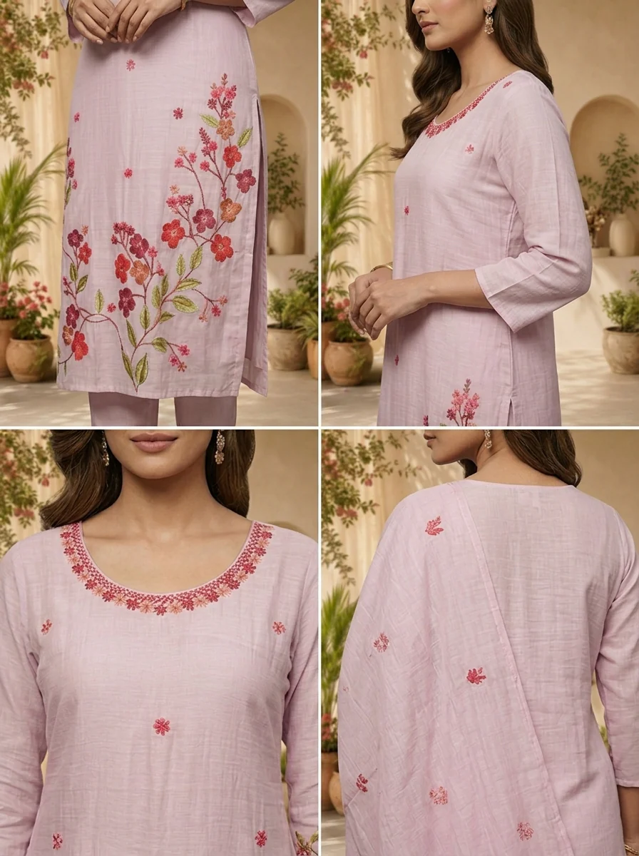 Lilac Chanderi Sequins Embroidery And Solid Design Three Piece Set - Image 5