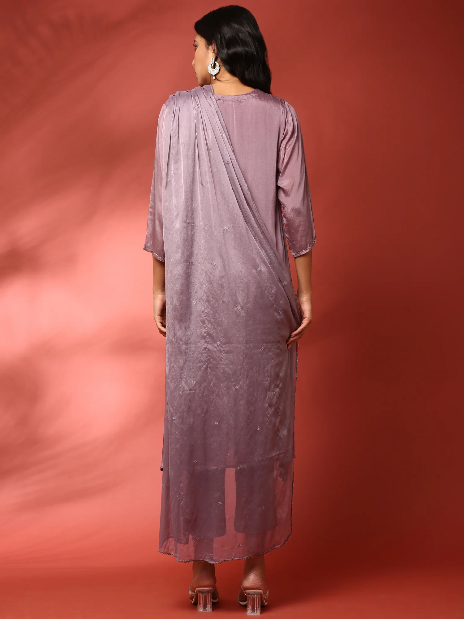 Lilac chinon embroidered three piece suit set - Image 3