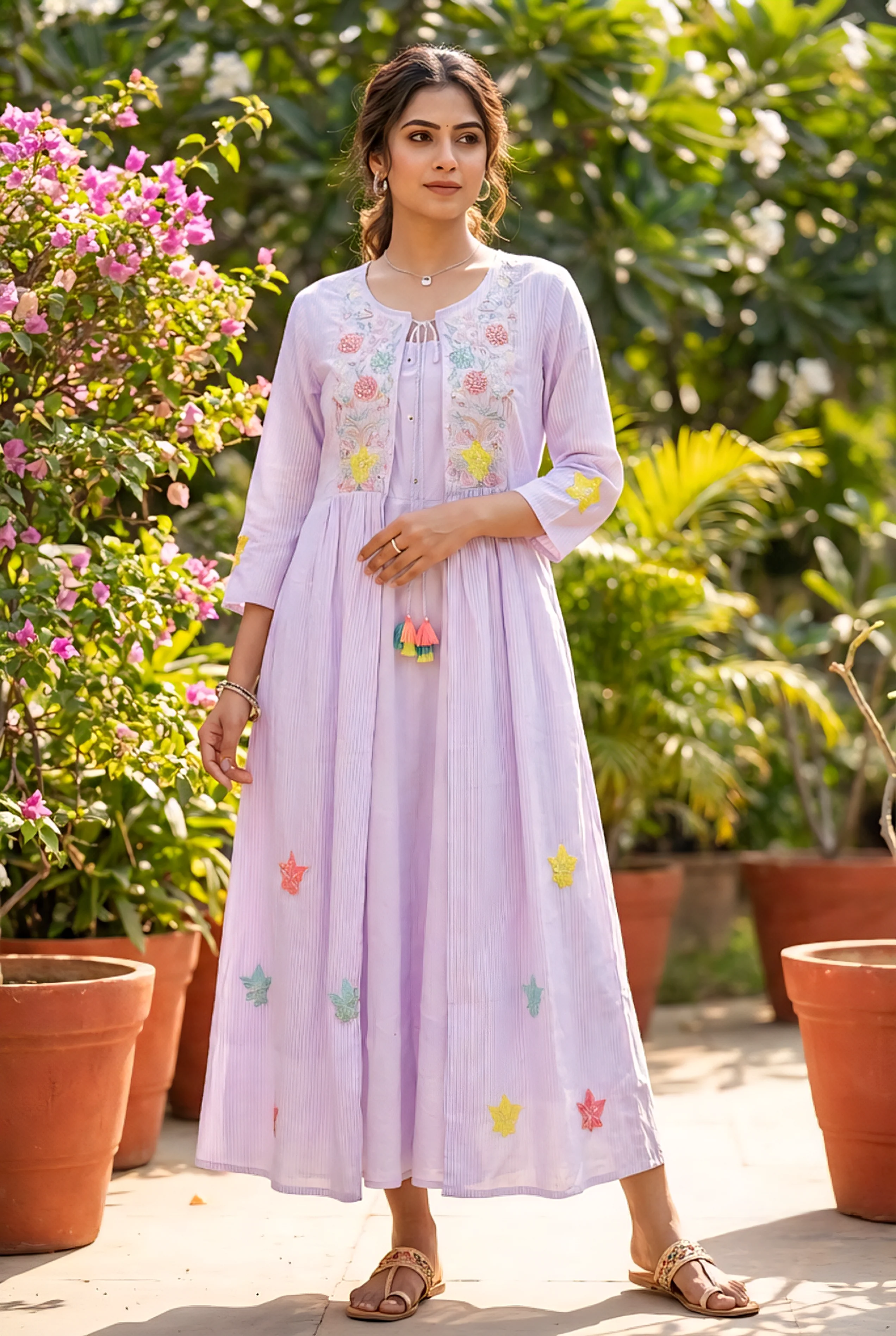 Lilac Cotton Floral Hand Embroidery Long Dress