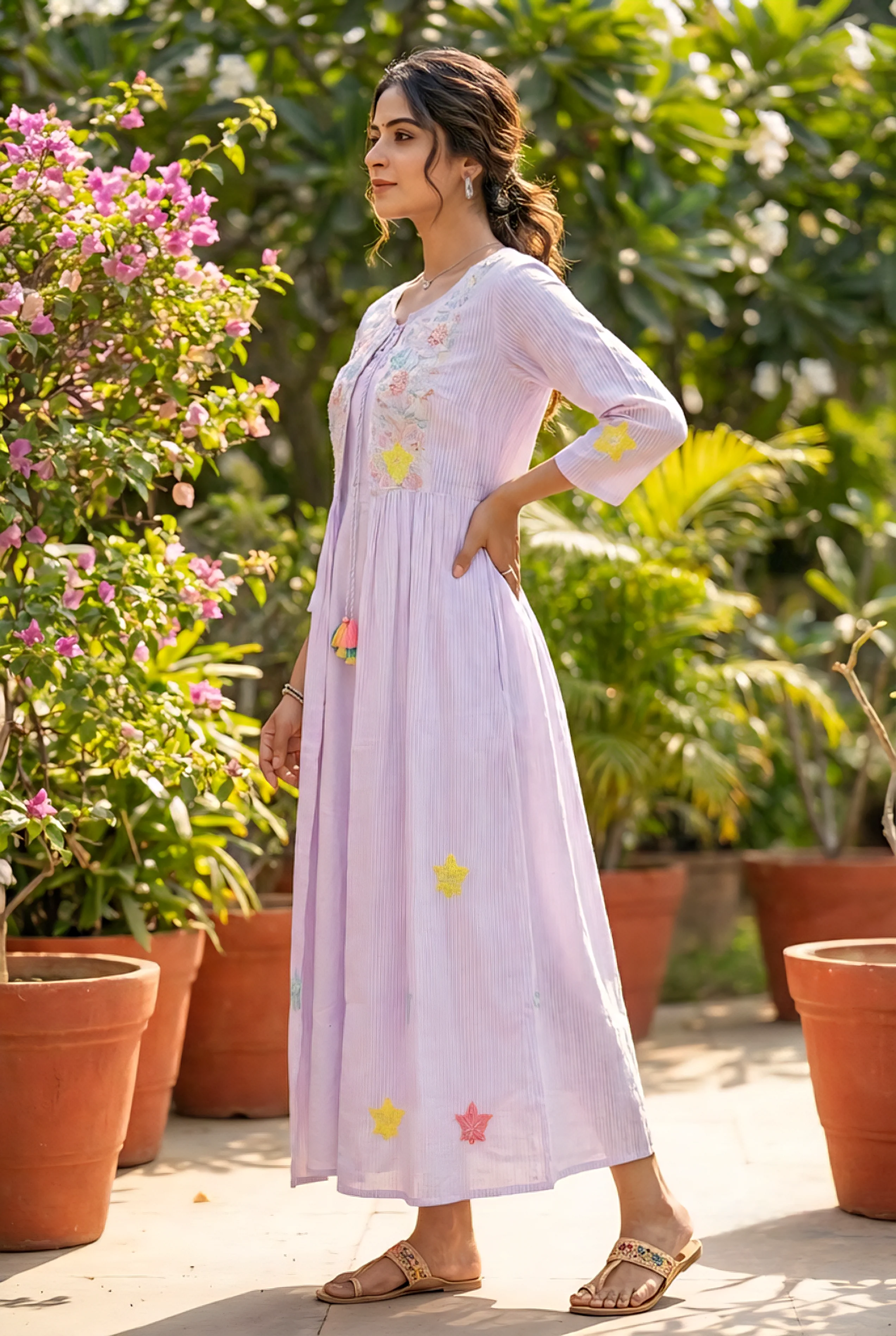 Lilac Cotton Floral Hand Embroidery Long Dress - Image 2