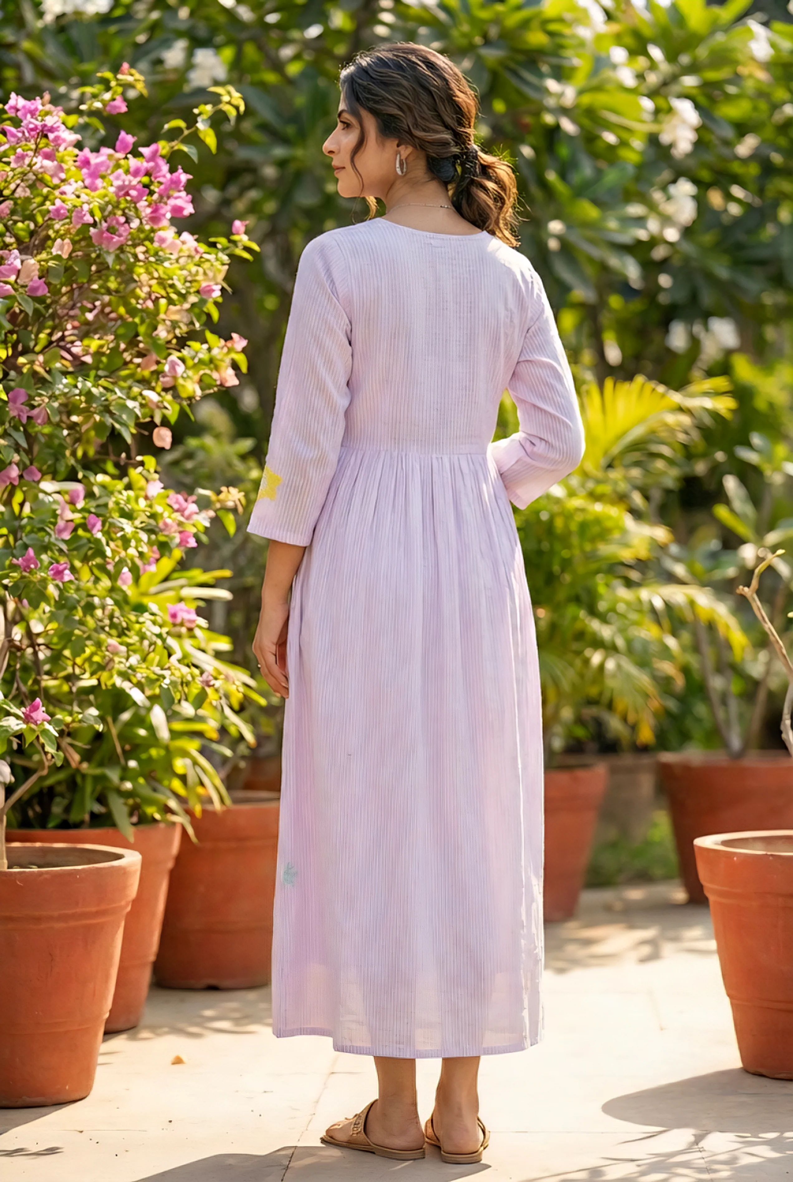 Lilac Cotton Floral Hand Embroidery Long Dress - Image 3