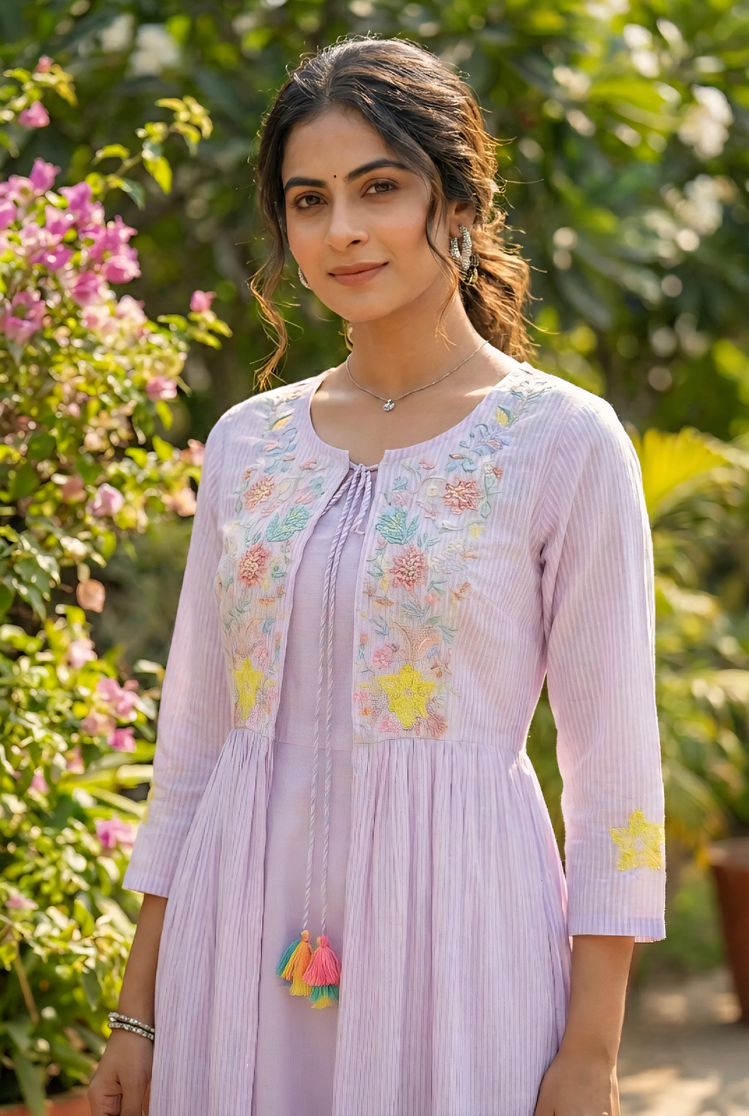 Lilac Cotton Floral Hand Embroidery Long Dress - Image 4
