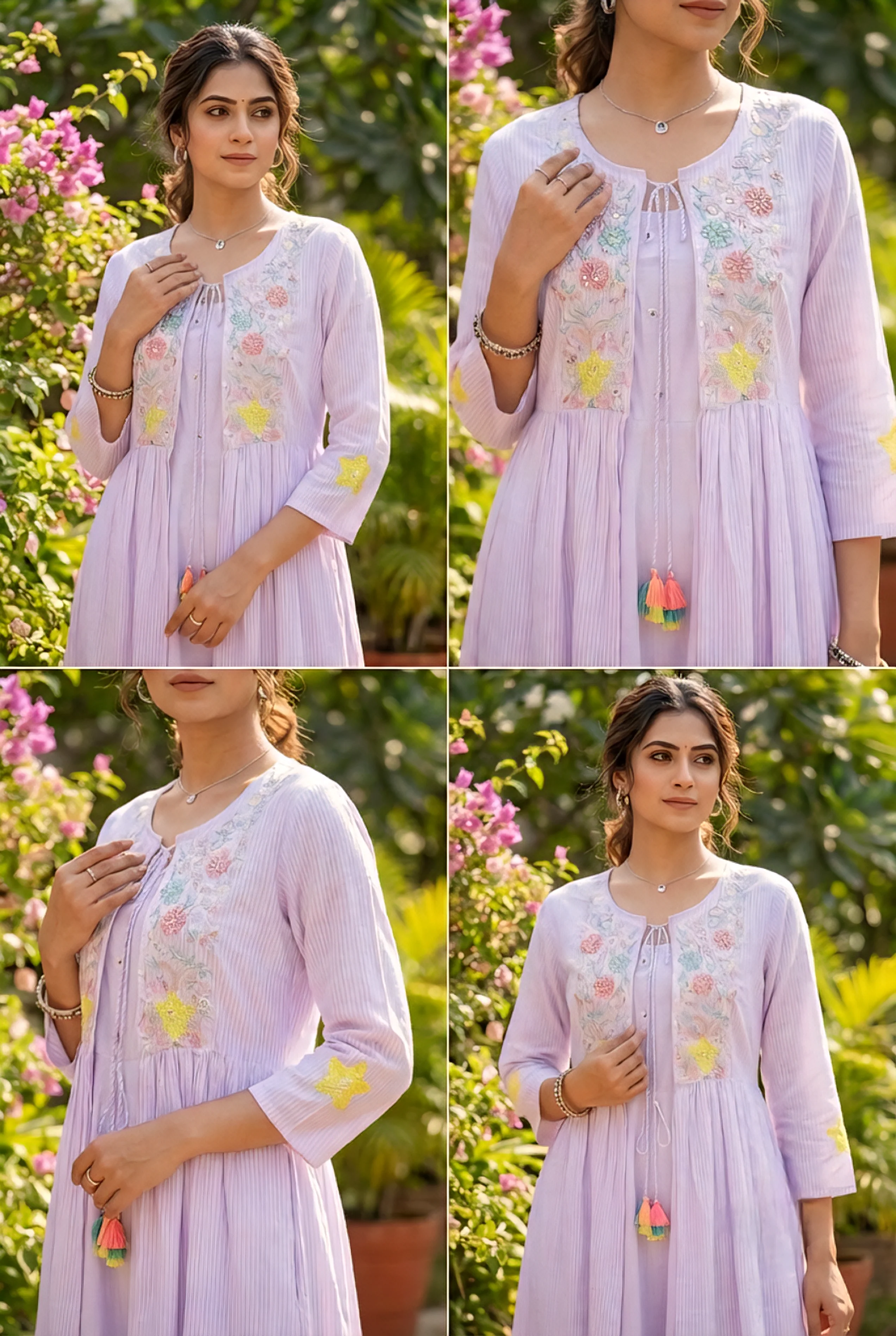 Lilac Cotton Floral Hand Embroidery Long Dress - Image 5