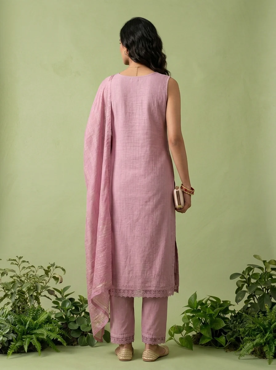 Lilac Floral Thread And Patch Embroidered Muslin Three Piece Set - Image 2