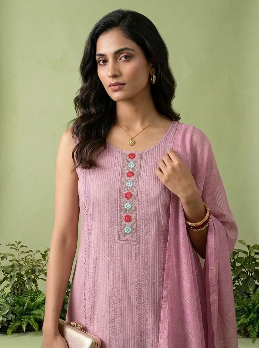 Lilac Floral Thread And Patch Embroidered Muslin Three Piece Set - Image 4