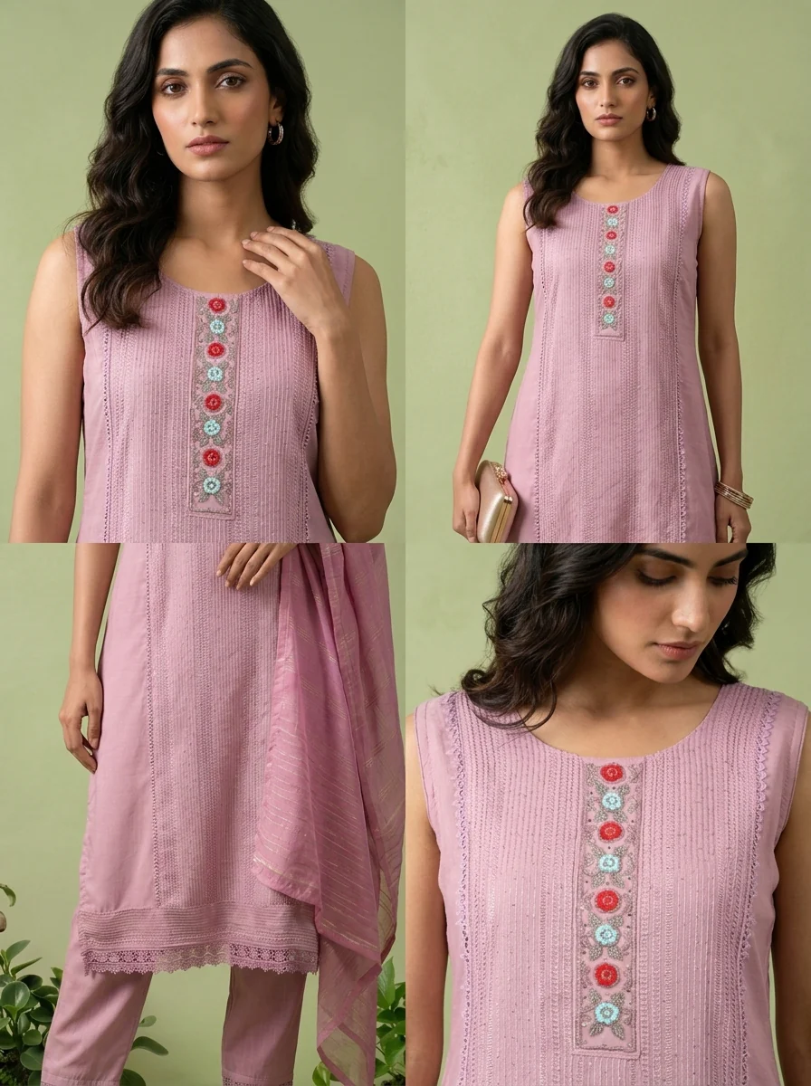 Lilac Floral Thread And Patch Embroidered Muslin Three Piece Set - Image 5